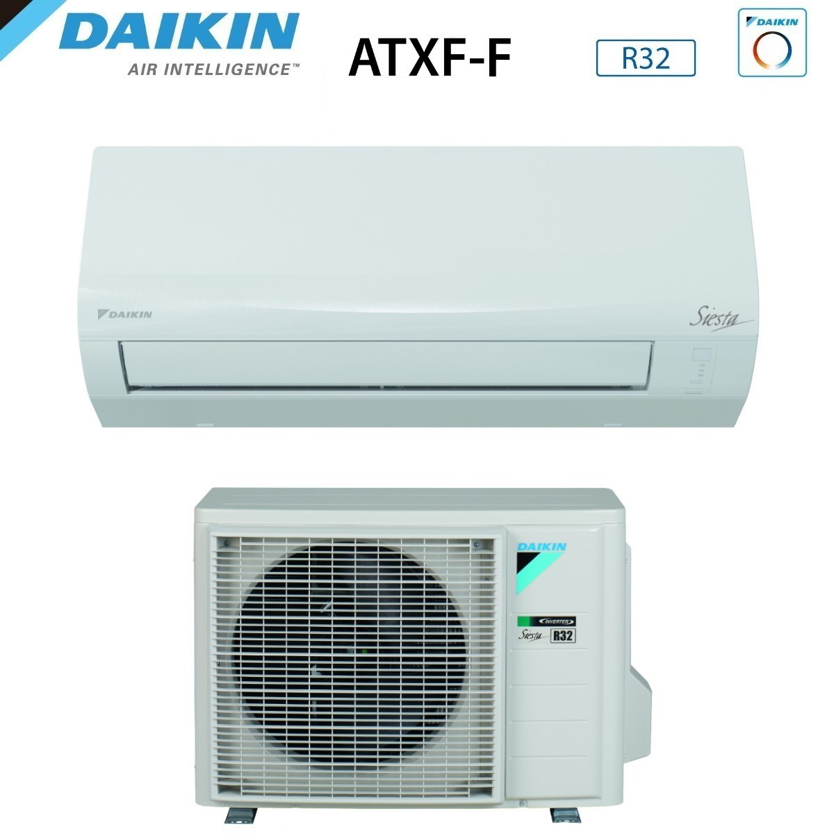 Condizionatore Daikin. L'unità superiore è bianca. L'unità inferiore è anch'essa bianca con una ventola nera. Modello ATXF-F, R32.