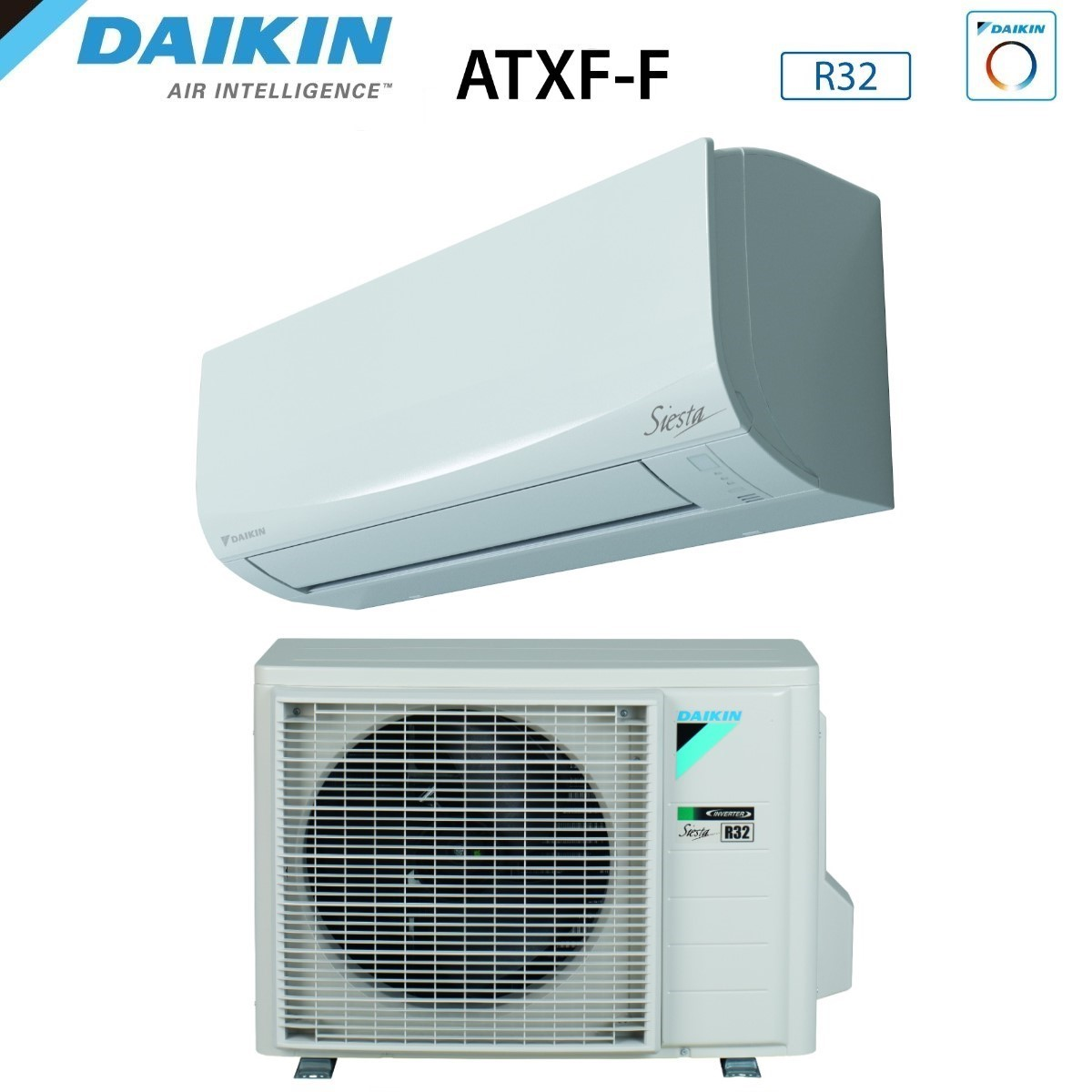 Viene mostrato un sistema di climatizzazione Daikin bianco. L'unità interna è sopra l'unità esterna. Il testo include 'Siesta' e 'R32'.