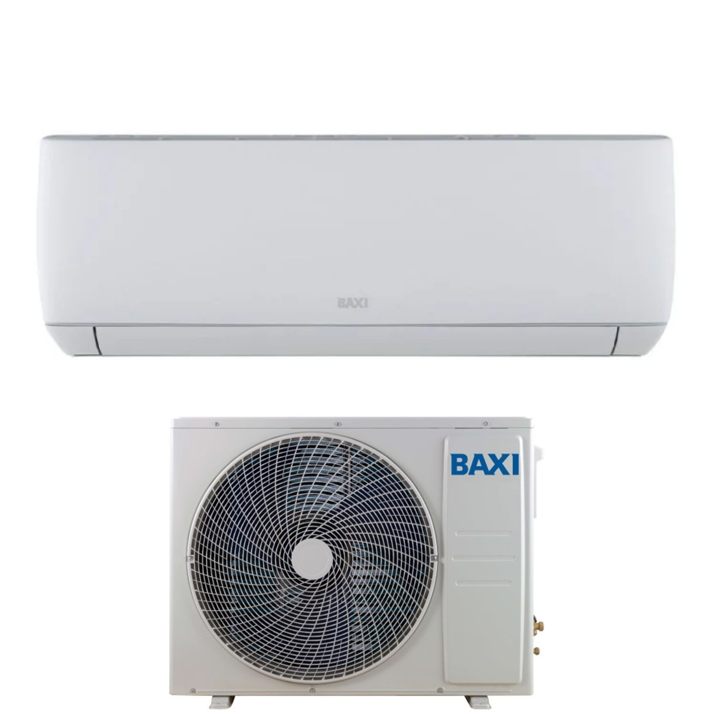 Un condizionatore bianco con il marchio 'Baxi'. Ha un'unità interna e un'unità esterna. L'unità esterna ha una ventola.