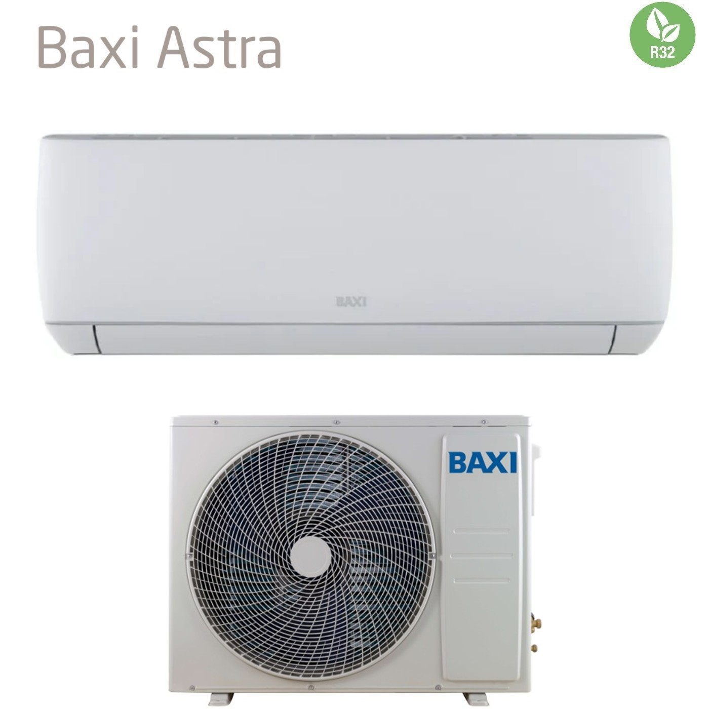 Un condizionatore bianco Baxi Astra. Ha un'unità interna e una esterna. L'immagine contiene anche un logo verde R32.
