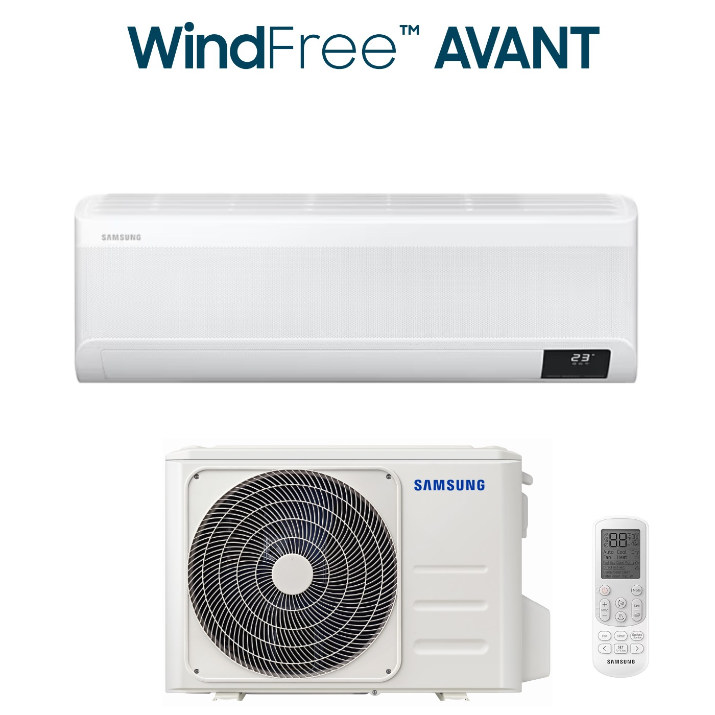 Un condizionatore d'aria bianco Samsung WindFree AVANT. Ha un'unità interna, una esterna e un telecomando.