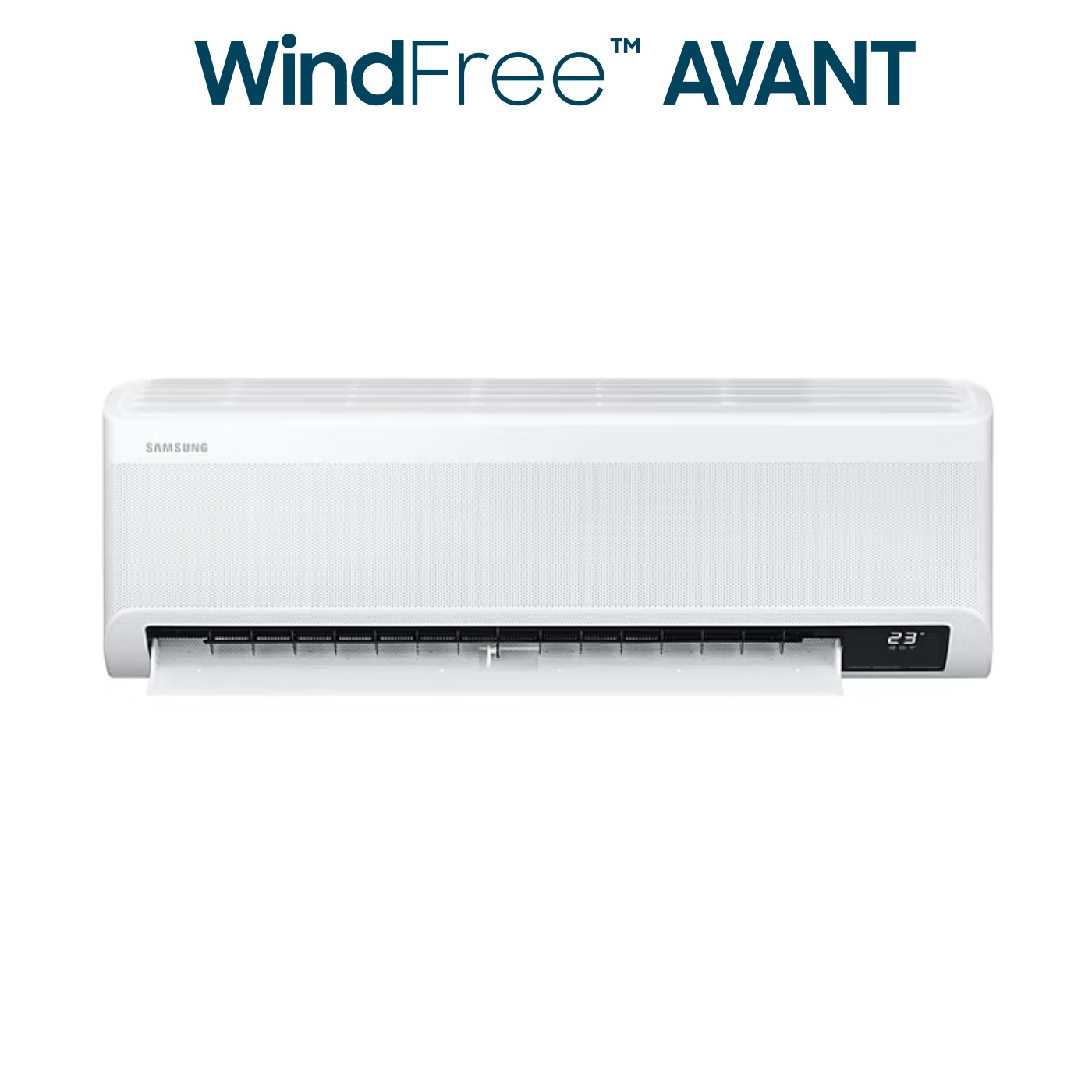 Condizionatore bianco Samsung WindFree Avant. Il display mostra 23. Il testo in alto dice WindFree Avant.