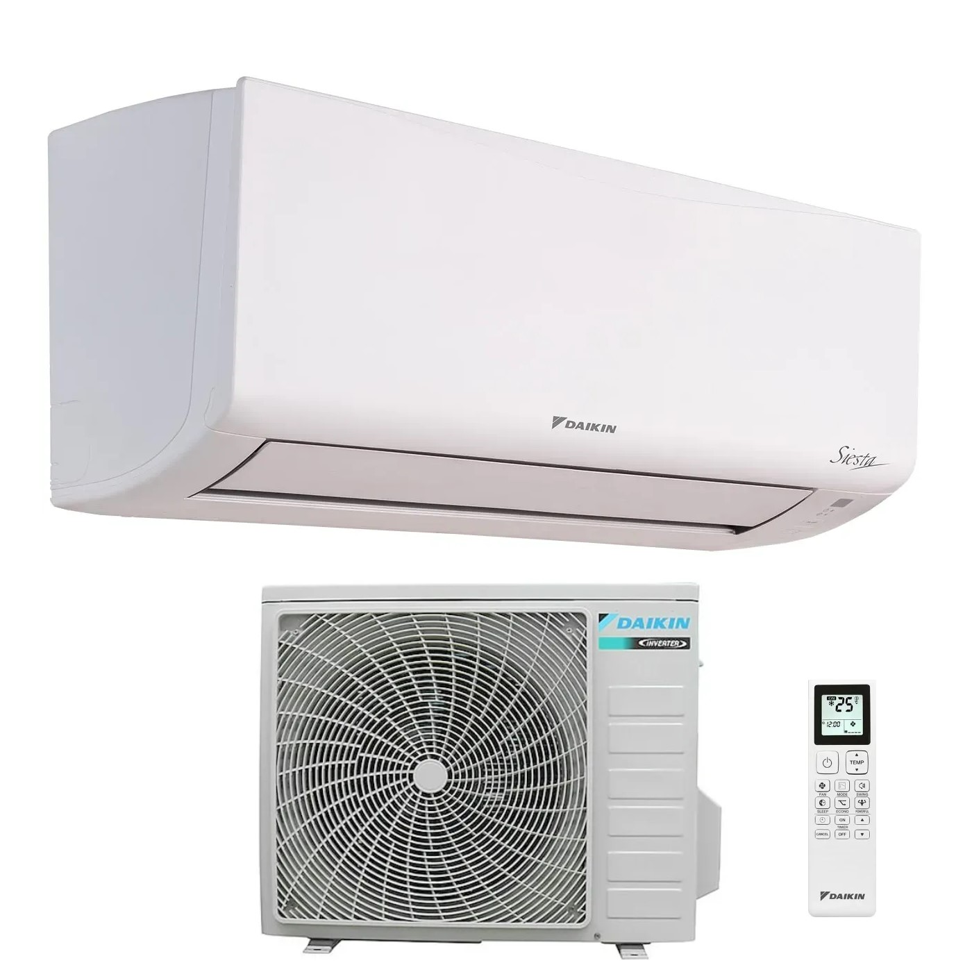 Sistema di climatizzazione Daikin bianco. Include unità interna, esterna con ventola e telecomando, tutto su sfondo bianco.