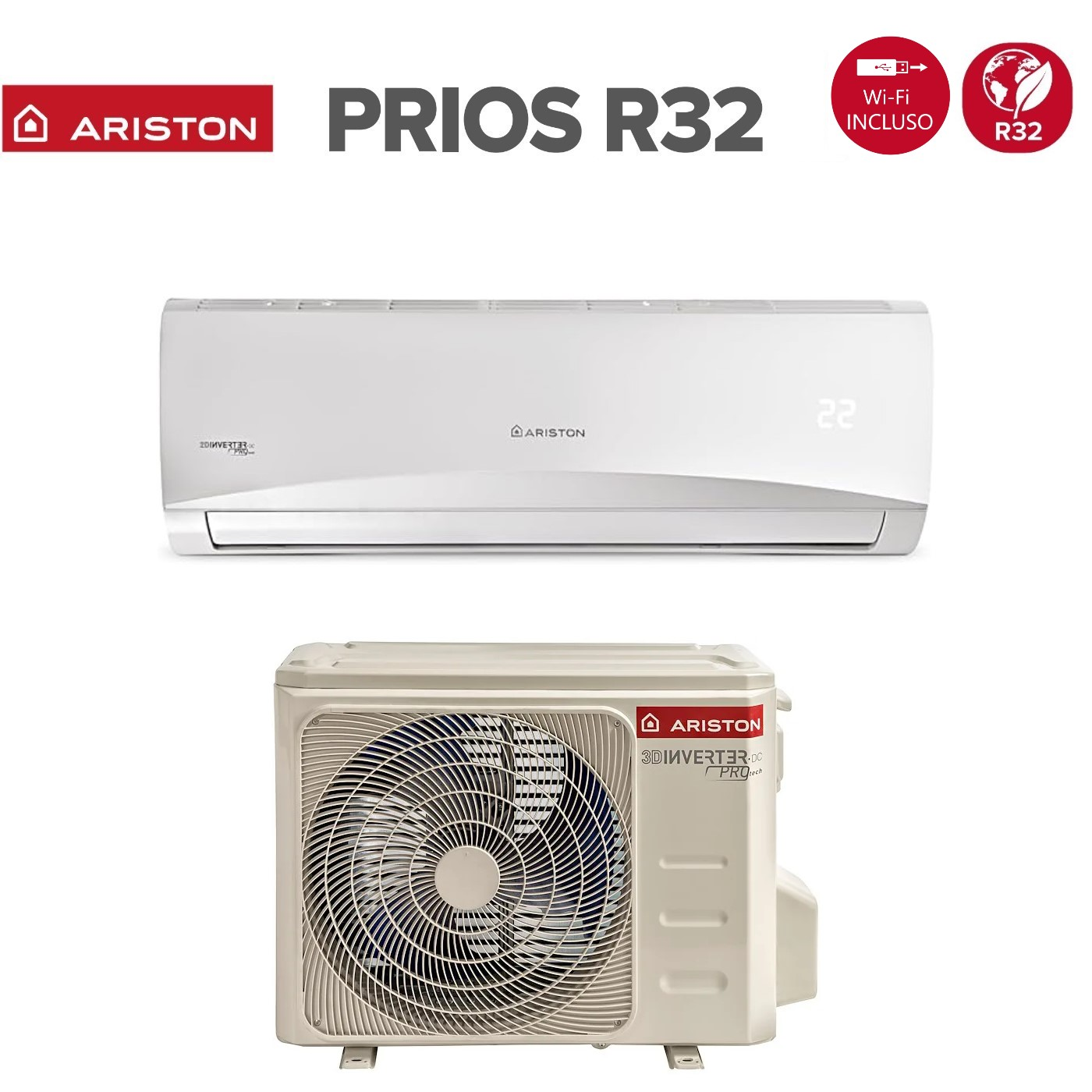 Un condizionatore Ariston PRIOS R32. Ha un'unità interna con display 22 e un'unità esterna con ventola.