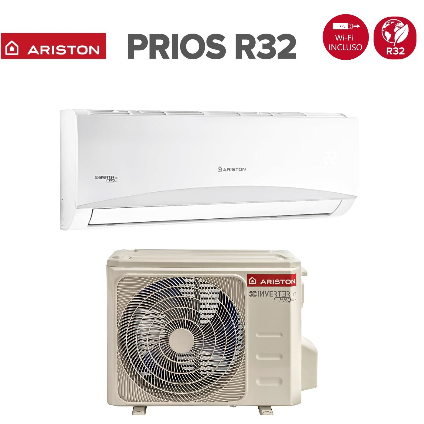 Un sistema di climatizzazione con unità interna ed esterna. Sono visibili il marchio Ariston e il modello Prios R32.