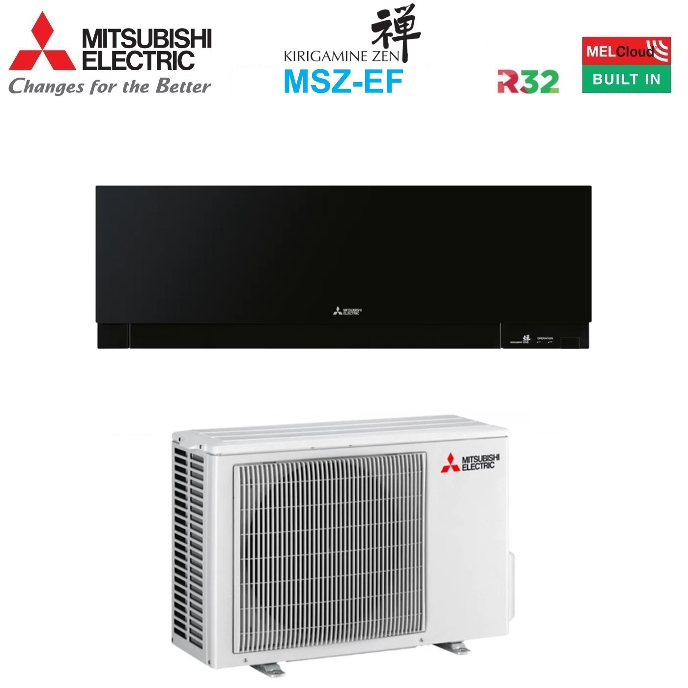 Un sistema di condizionamento. In alto un'unità interna nera, in basso un'unità esterna bianca, entrambi Mitsubishi Electric.