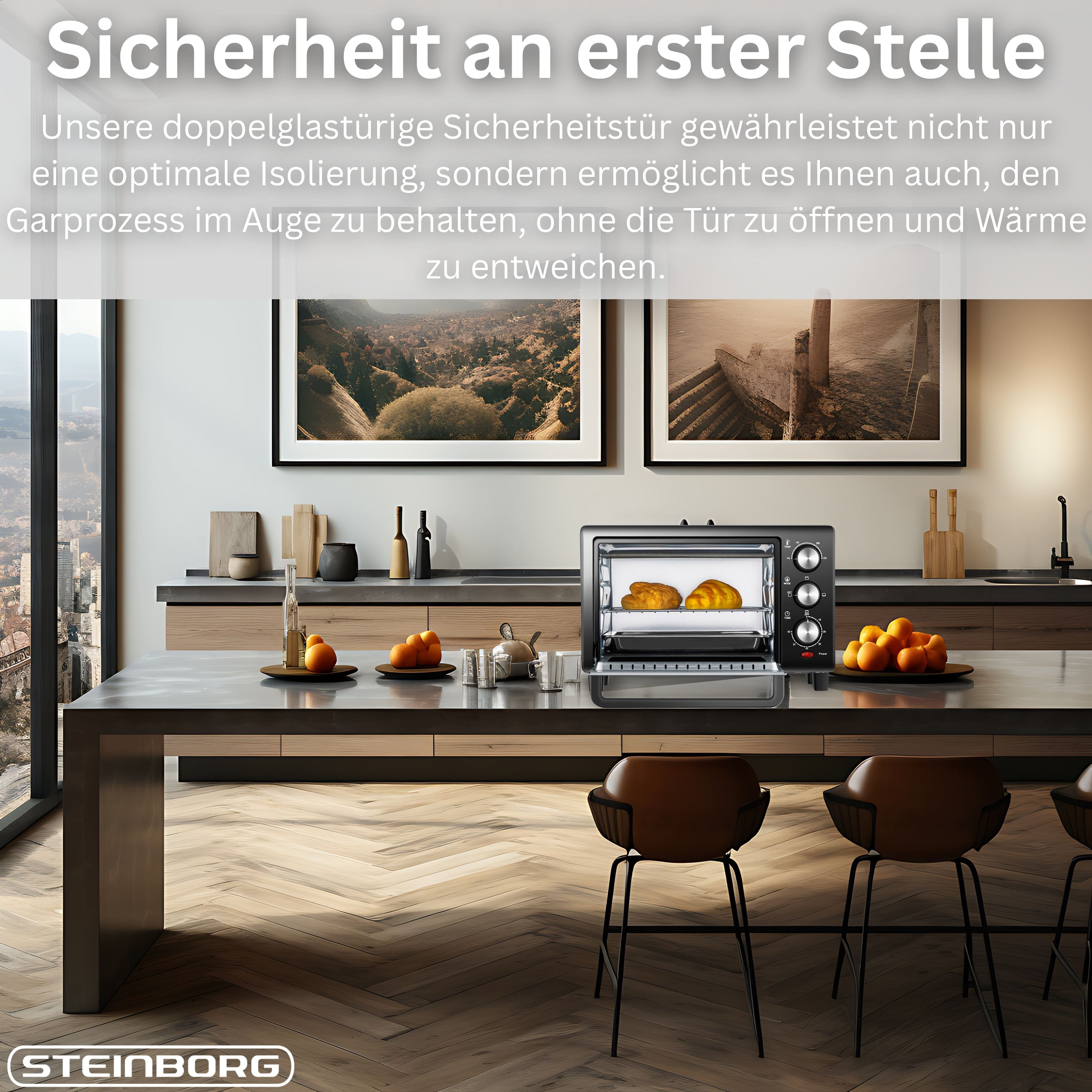 Küchenszene mit Backofen. Orangen, Stühle und Bilder sind sichtbar. Der Ofen hat Brot darin.