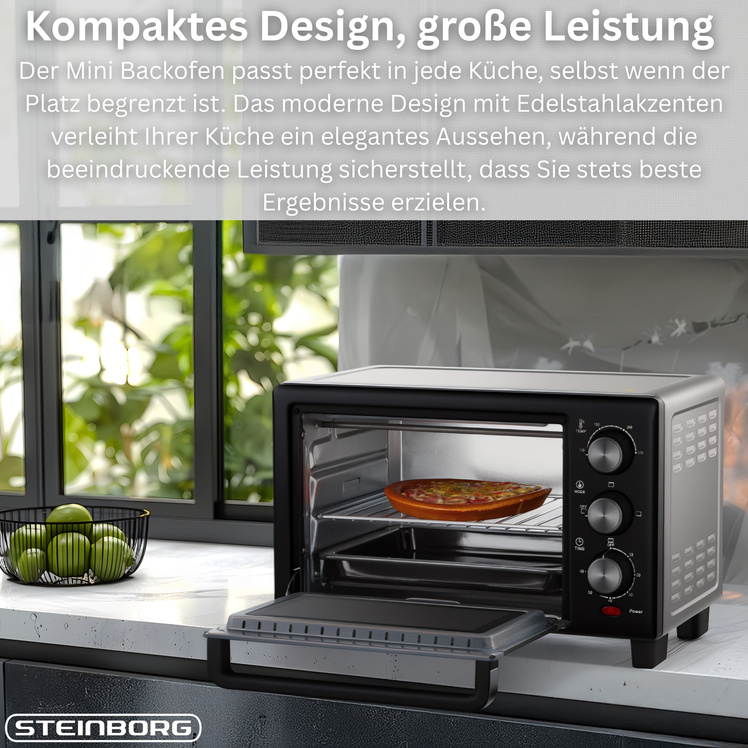 Ein schwarzer Mini-Backofen mit Pizza. Links ein Korb mit grünen Äpfeln. Text: Kompaktes Design, große Leistung.