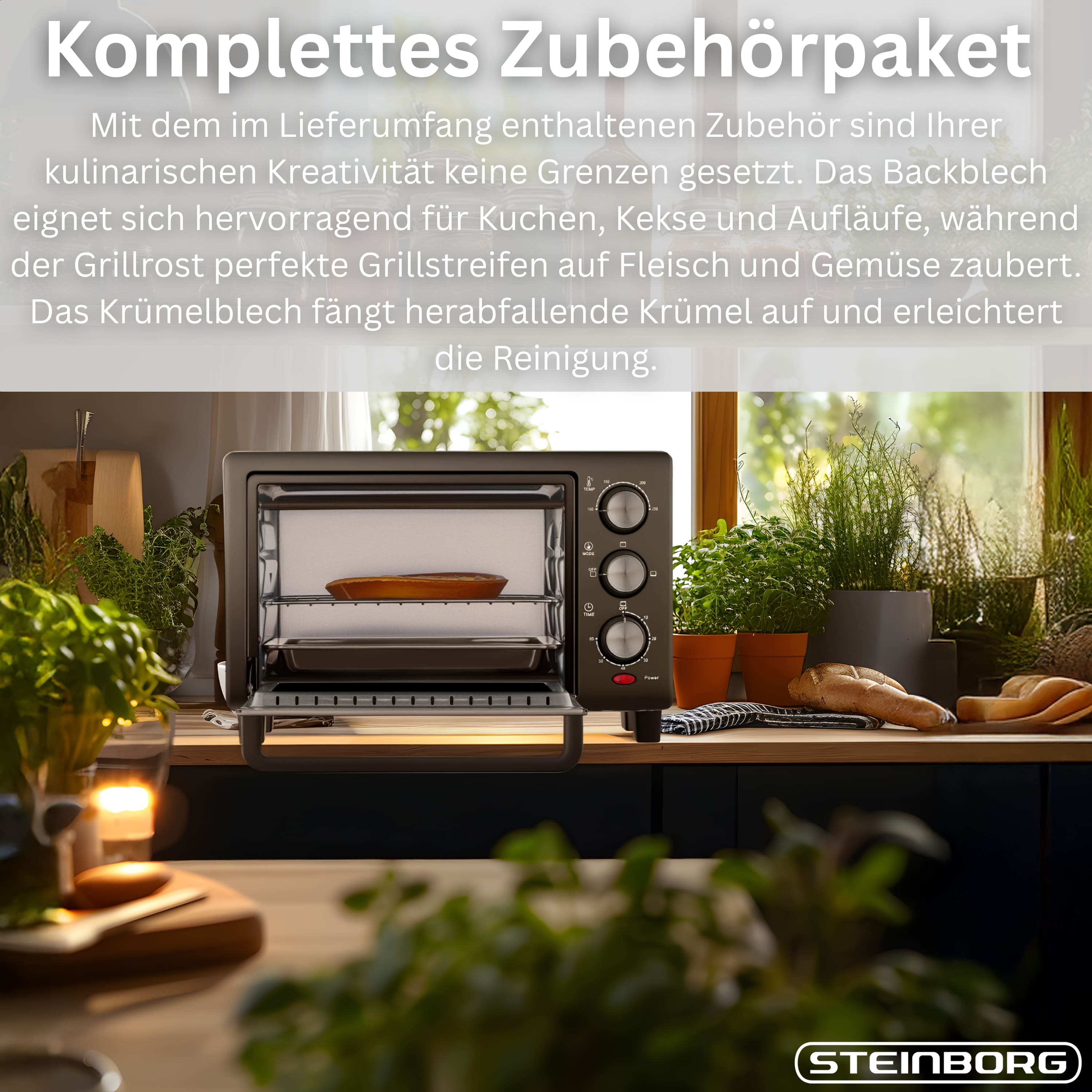 Schwarzer Ofen auf der Theke, mit Pflanzen und Essen im Hintergrund. Text zeigt Produktdetails.