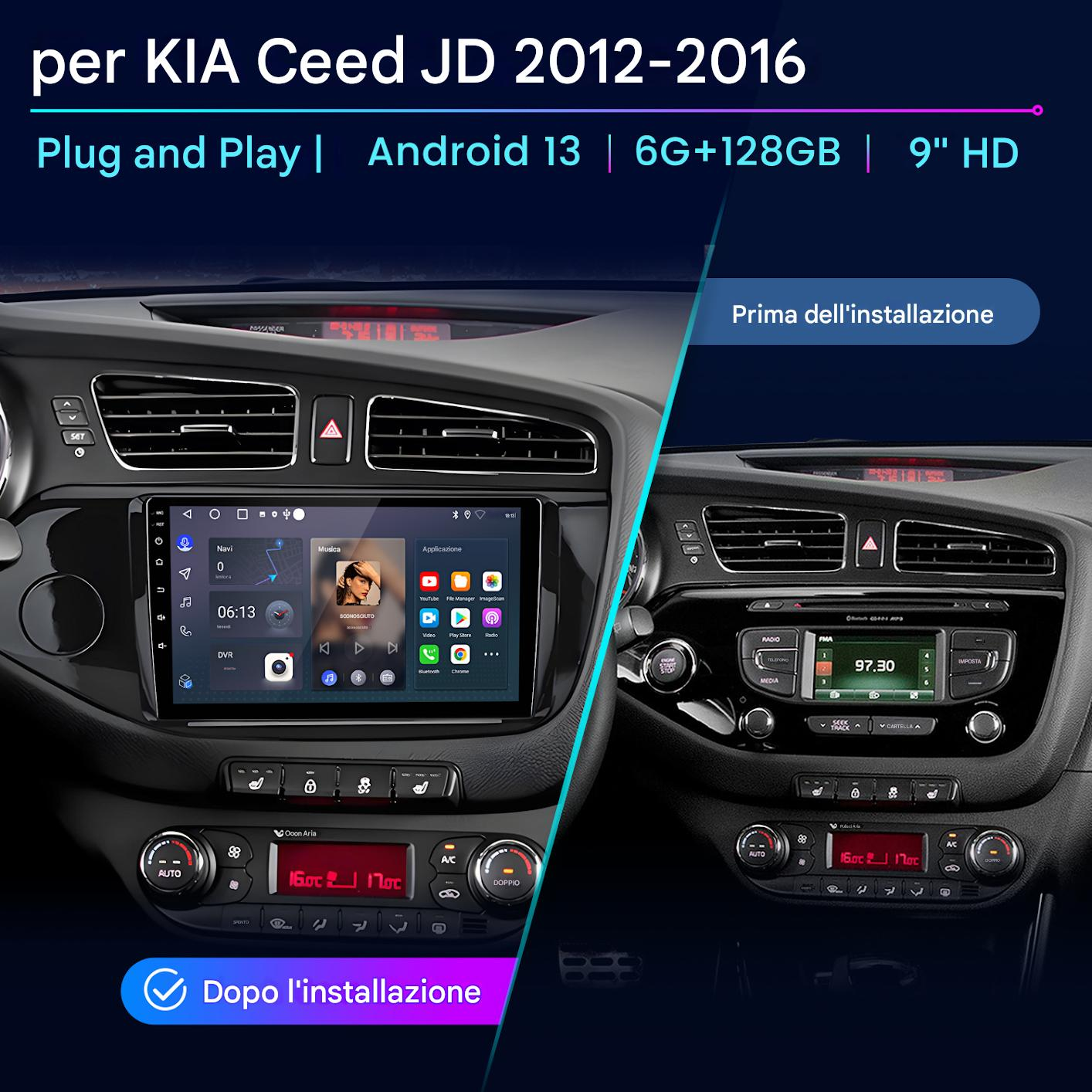 Cruscotto dell'auto che mostra prima e dopo l'installazione di un nuovo sistema Android, con schermo che mostra le applicazioni.