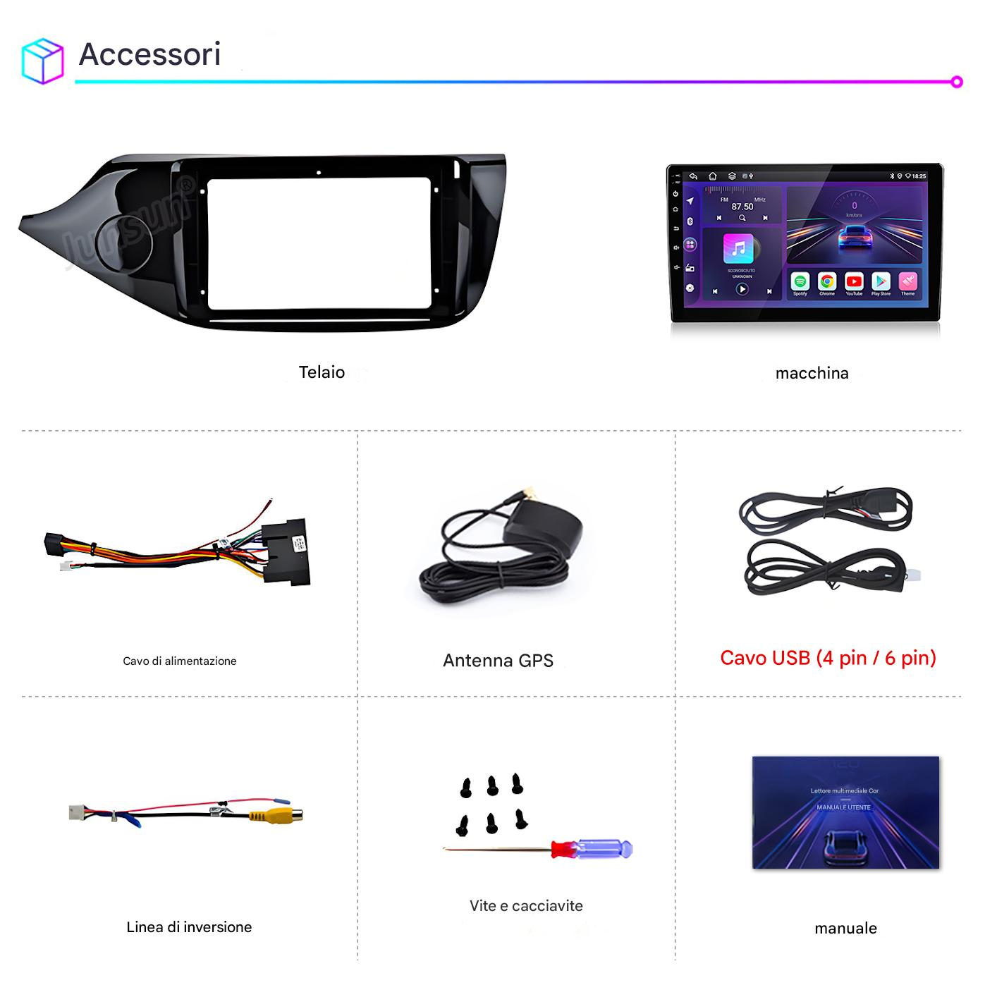 Accessori auto: telaio, schermo auto, cavo di alimentazione, antenna GPS, cavo USB, linea di retromarcia, viti, cacciavite e manuale.