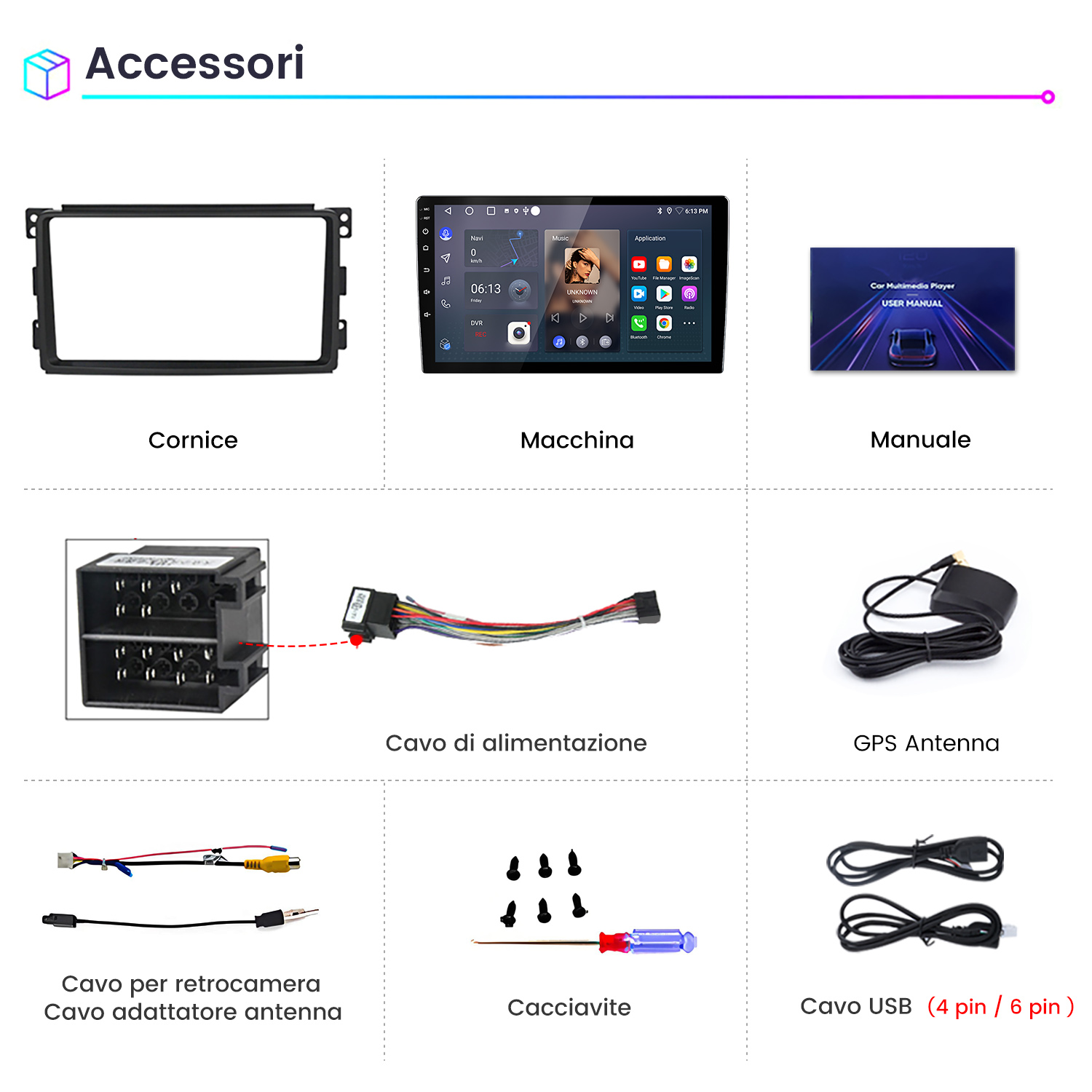 Sono esposti vari accessori per auto, tra cui un telaio dello schermo, un lettore multimediale, un manuale utente e vari cavi e antenne.