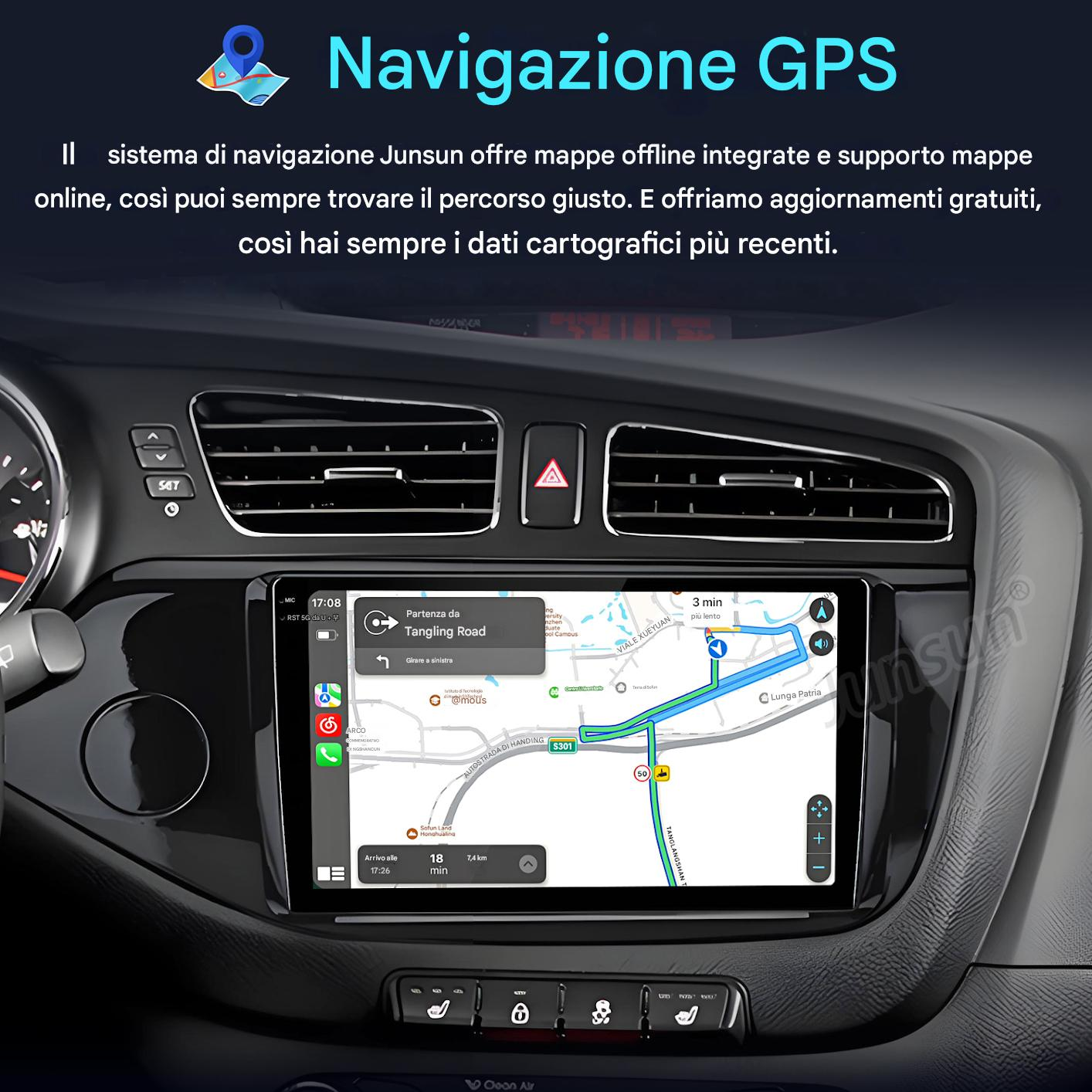 Cruscotto dell'auto che mostra uno schermo di navigazione GPS con una mappa e guida del percorso, con testo in italiano.