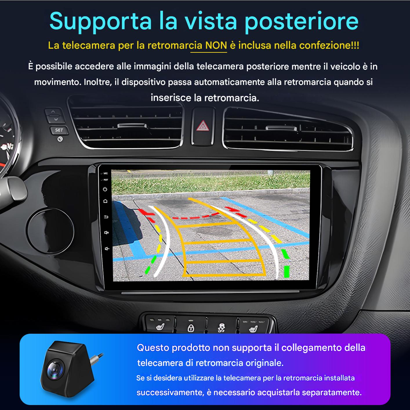 Cruscotto auto con display telecamera retromarcia con linee guida colorate. Sotto è mostrata una telecamera separata. Testo in italiano.