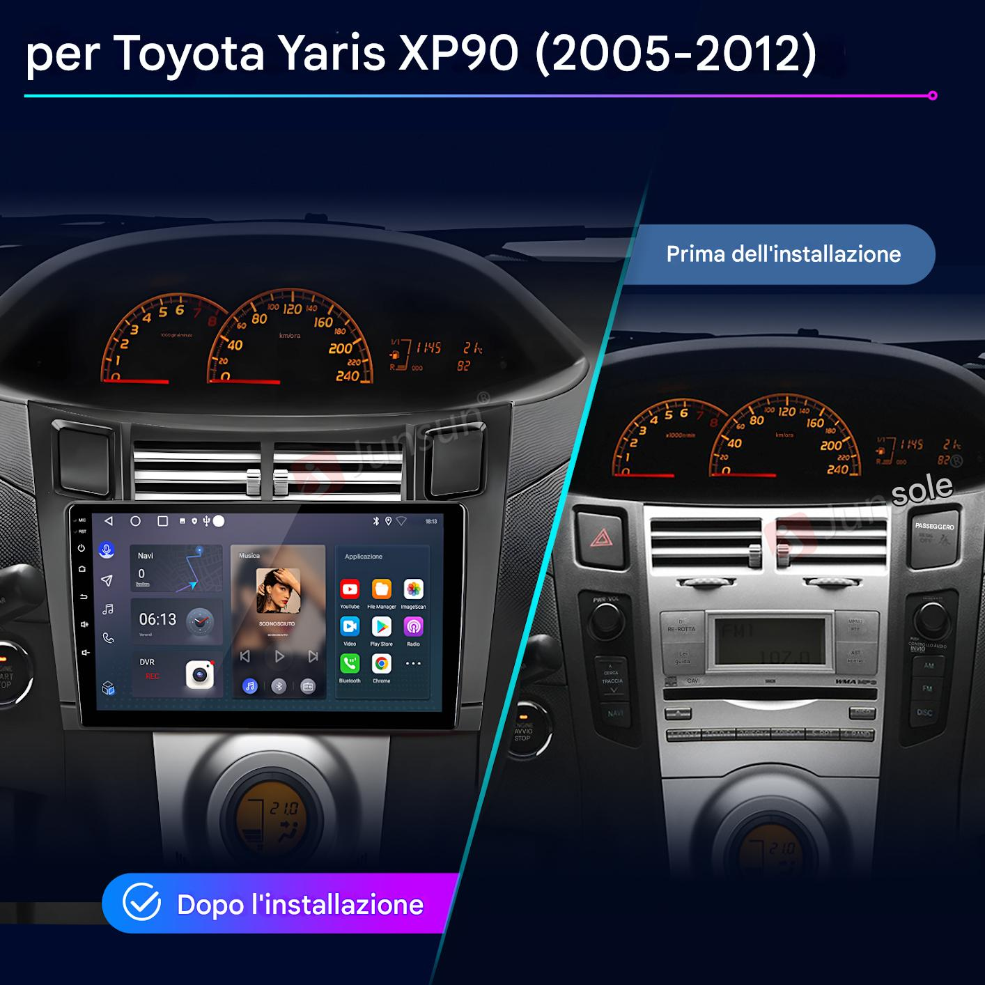 Confronto cruscotto auto: prima e dopo l'installazione di un nuovo sistema infotainment su Toyota Yaris XP90.