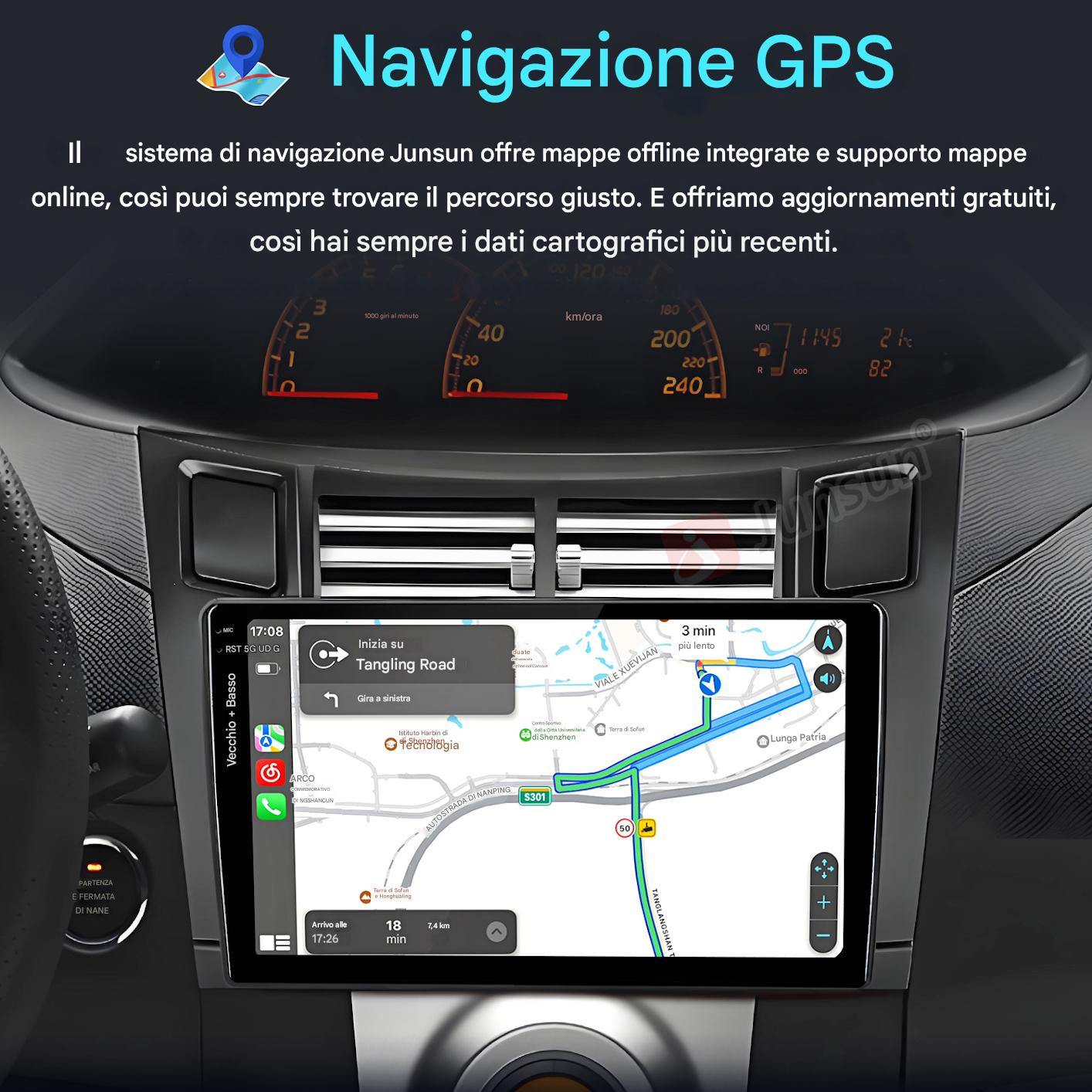 Cruscotto auto con navigatore GPS. Lo schermo mostra una mappa con indicazioni stradali e dettagli sulla velocità.