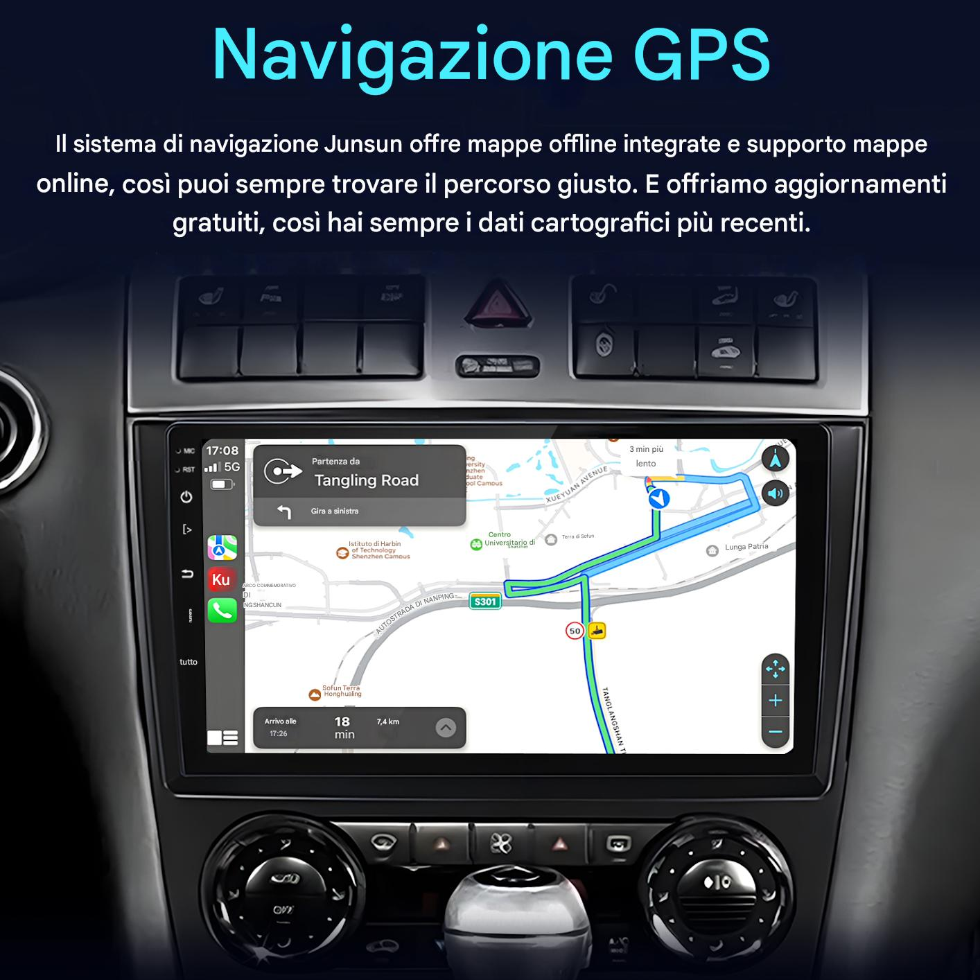 Schermo del sistema di navigazione dell'auto che mostra una mappa con indicazioni stradali. Mostra Tangling Road.