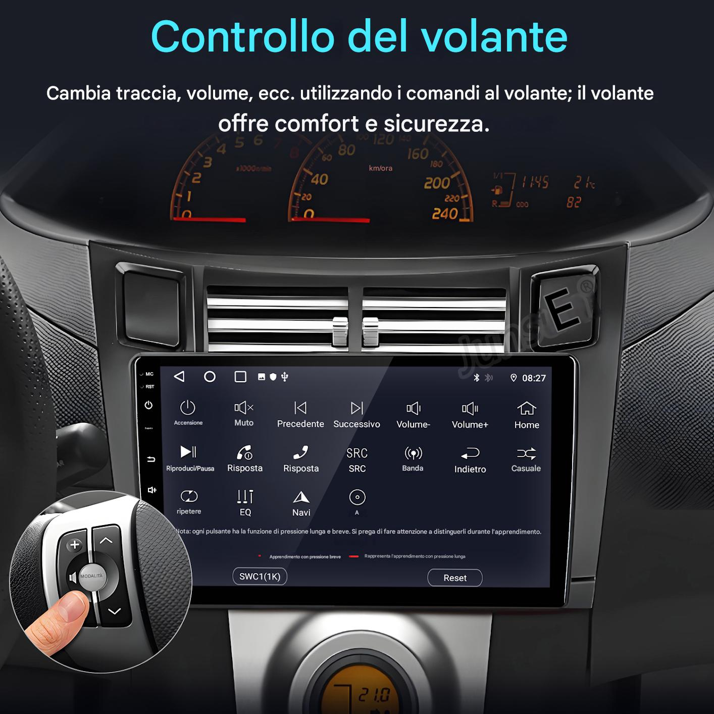 Cruscotto auto con schermo, comandi al volante e una mano che usa il pulsante modalità. Contachilometri visibile.