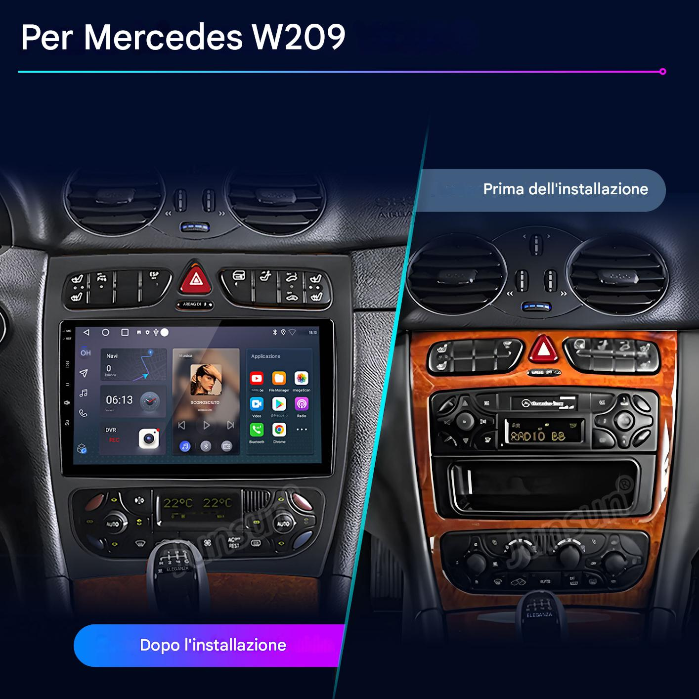 Confronto del cruscotto di una Mercedes W209 prima e dopo l'installazione di un nuovo sistema di infotainment. A sinistra: la nuova unità.
