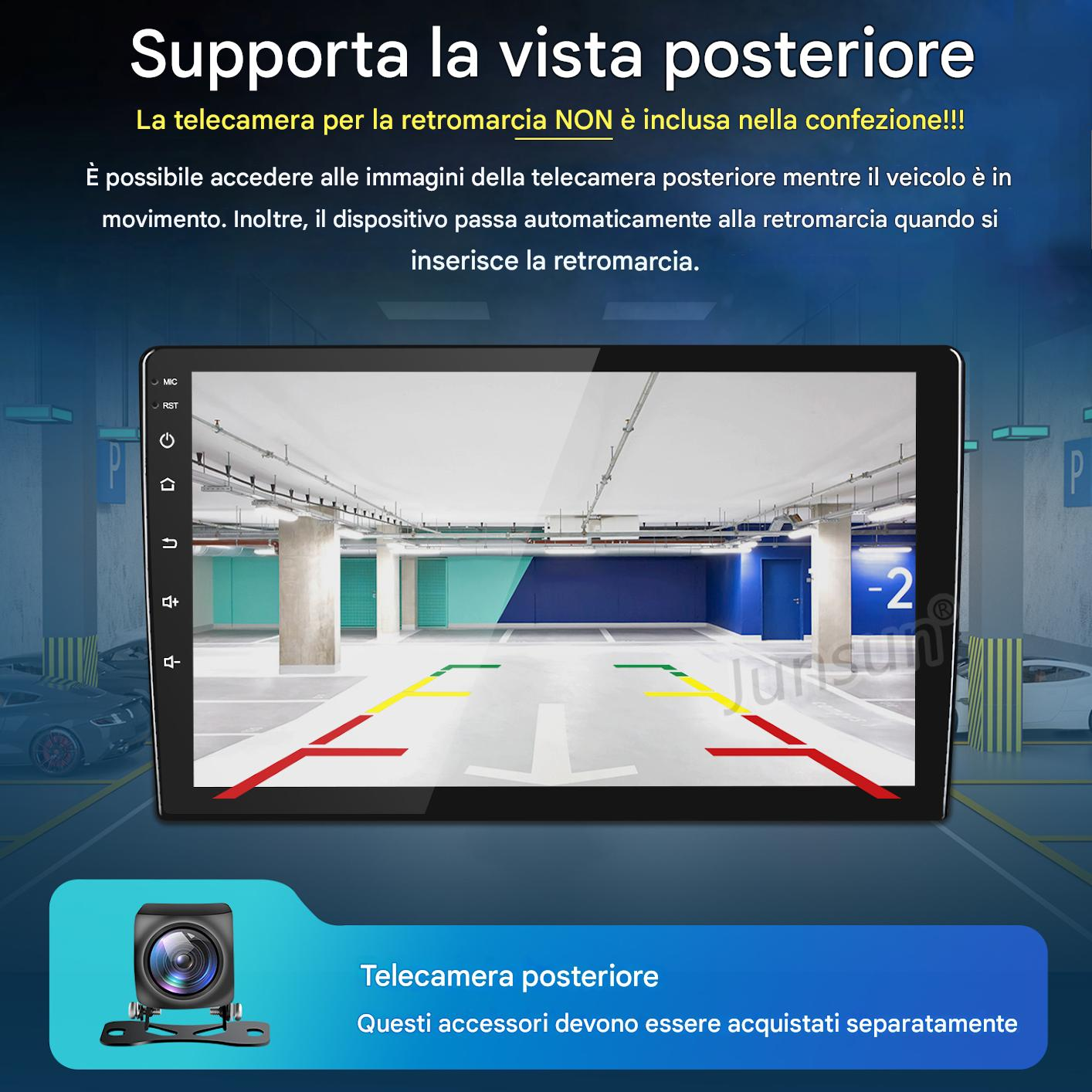 Uno schermo mostra una vista del garage con linee colorate. Sotto è mostrata una telecamera. Testo in italiano.