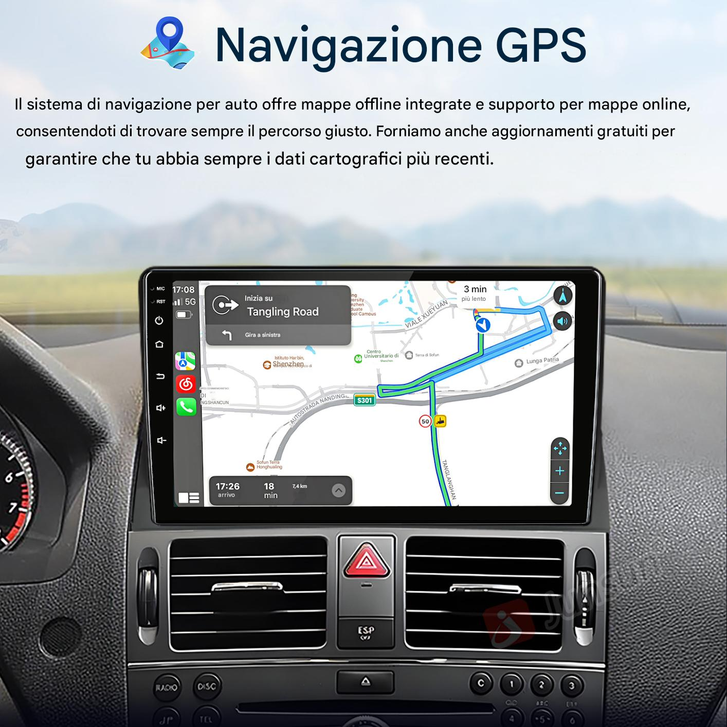 Cruscotto auto con schermo di navigazione GPS, mappa e guida del percorso.