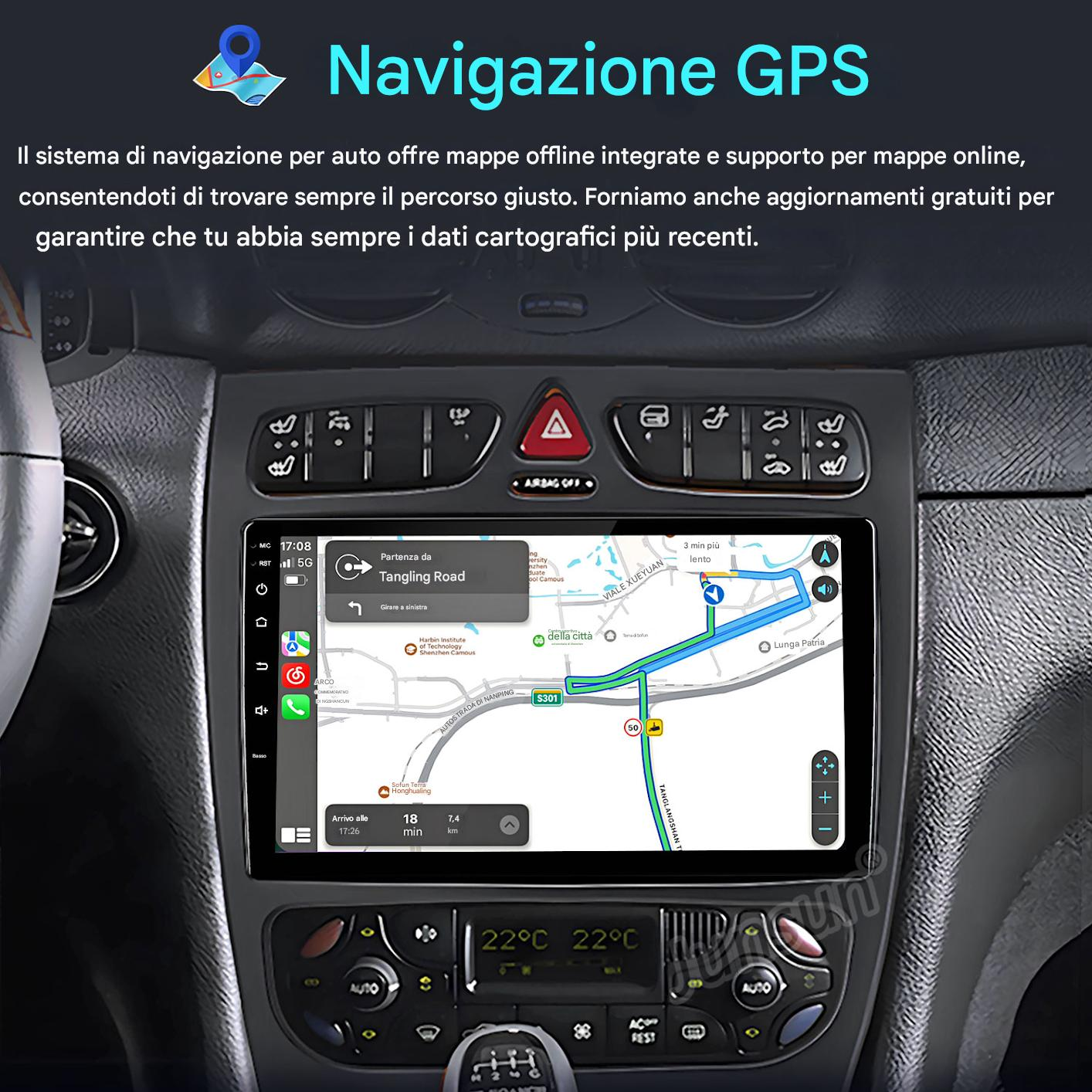 Schermo del sistema di navigazione dell'auto che mostra una mappa con indicazioni stradali. Viene visualizzata la temperatura ambiente.