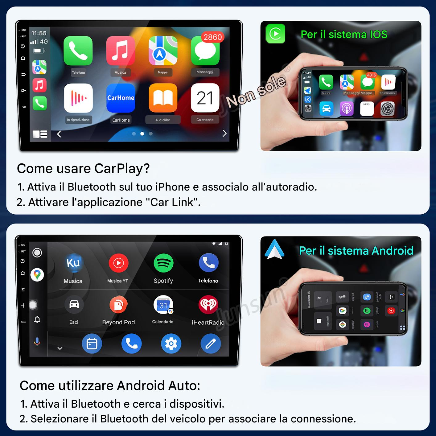 L'immagine mostra schermi di infotainment per auto con istruzioni iOS e Android e icone delle app. Istruzioni sull'utilizzo di CarPlay e Android Auto.