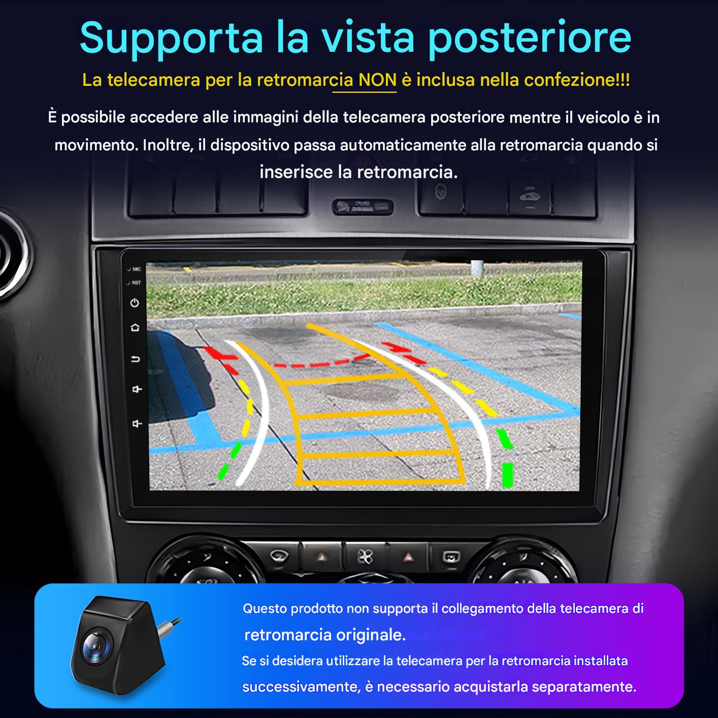 Cruscotto auto che mostra il display della telecamera di retromarcia con linee guida colorate. Sotto è mostrata una telecamera separata.