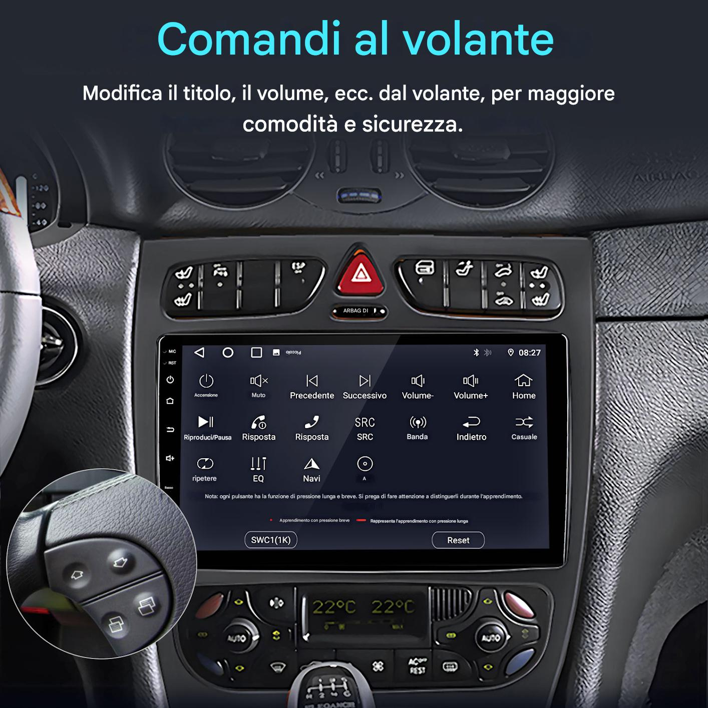 Cruscotto dell'auto con schermo che mostra i comandi. Comandi al volante visibili. Visualizzazione della temperatura e altri comandi dell'auto.