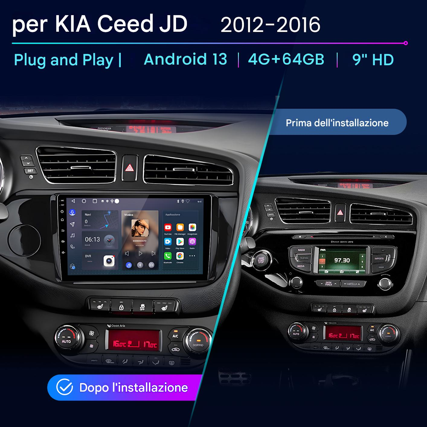 Confronto del cruscotto dell'auto: vecchio contro nuovo sistema. Il nuovo sistema ha un ampio schermo che mostra le opzioni di navigazione e multimediali.