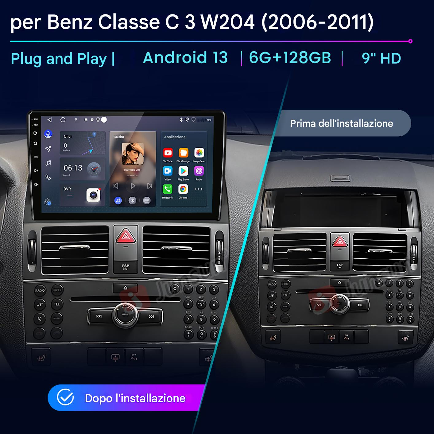Cruscotto auto con sistema multimediale, navigazione, app e comandi. Lo schermo mostra varie applicazioni.