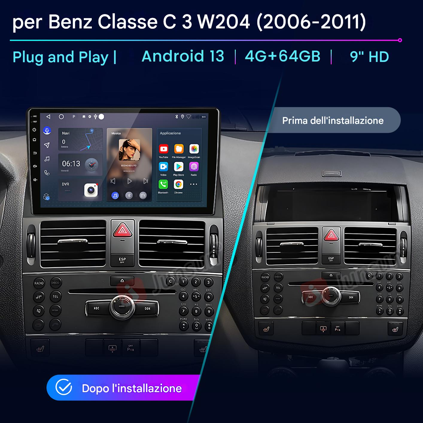 Cruscotto dell'auto che mostra prima e dopo l'installazione di un sistema multimediale con Android 13 e schermo HD da 9".