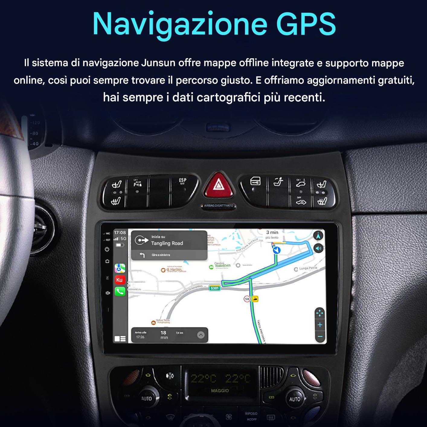 Cruscotto dell'auto che mostra l'interfaccia del sistema di navigazione GPS con una mappa che mostra un percorso.