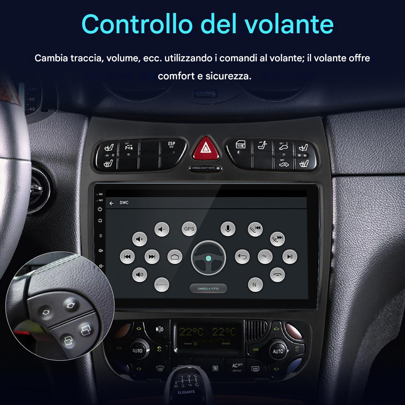 Cruscotto auto con schermo multimediale, comandi al volante, climatizzatore e cambio. Testo in italiano, che descrive le funzioni del volante.