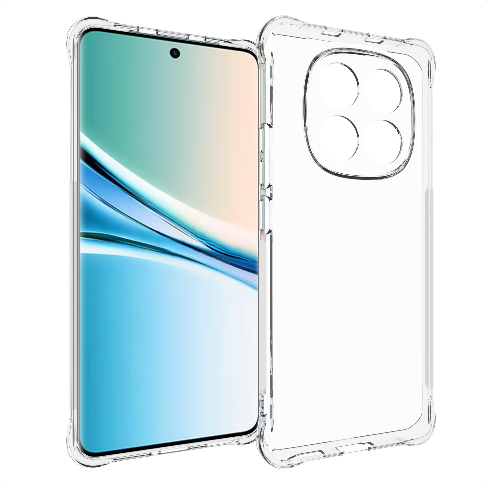 Une coque de téléphone transparente à côté d'un smartphone à écran bleu et beige. Les deux sur fond blanc.