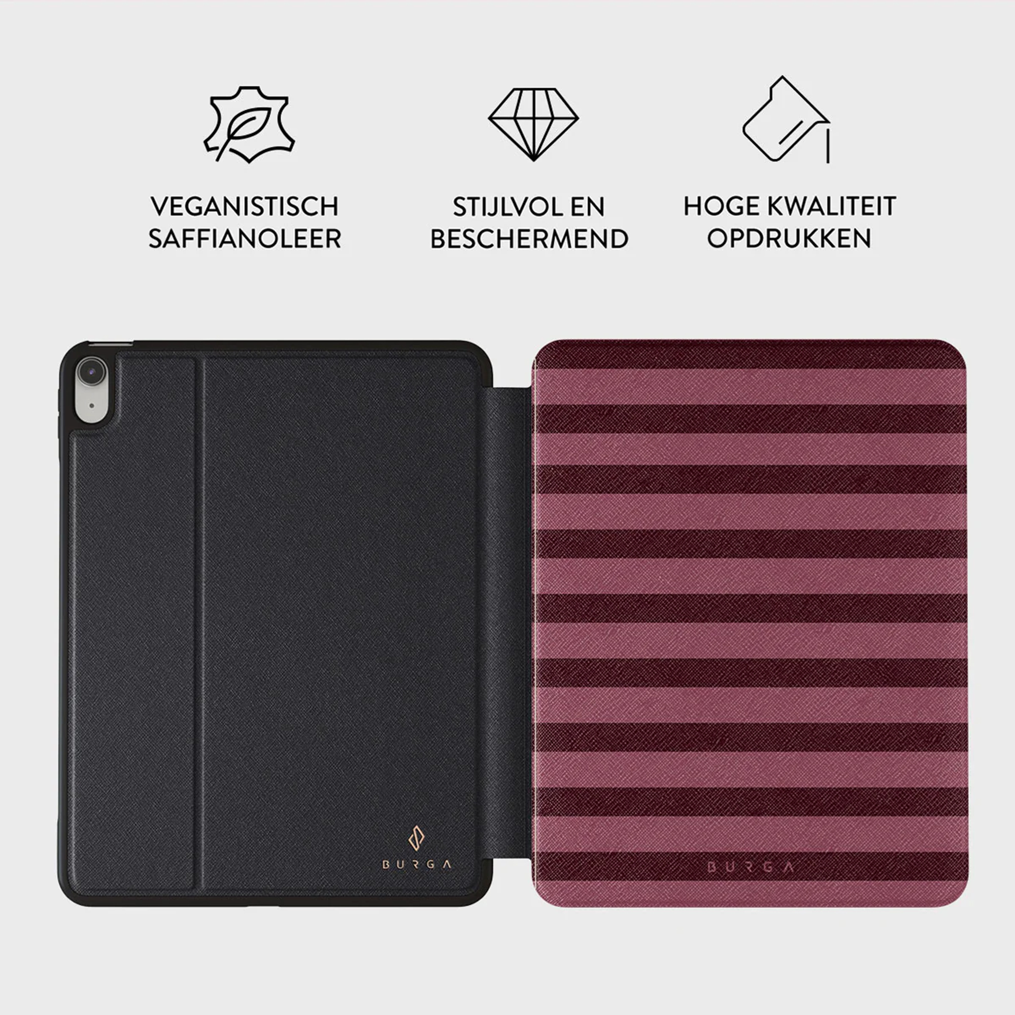 Open tablet hoes, zwart links, gestreept bordeauxrood rechts. Tekst: Veganistisch, stijlvol, hoogwaardige print.