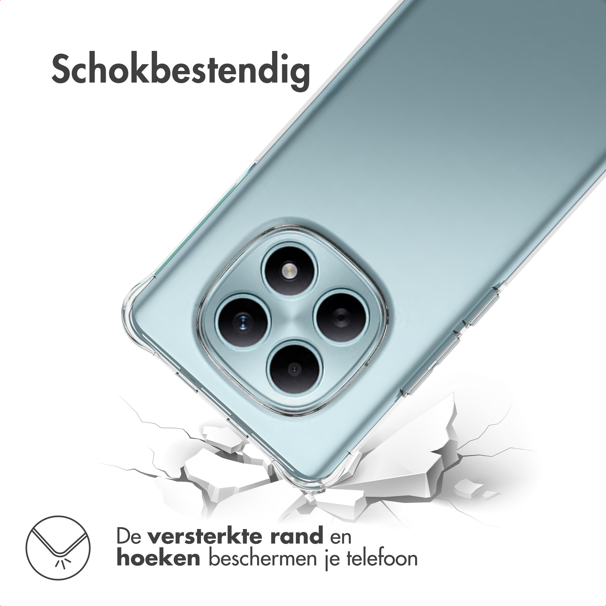 Un téléphone dans un étui transparent tombe, avec des fissures au sol et le texte 'Schokbestendig'.