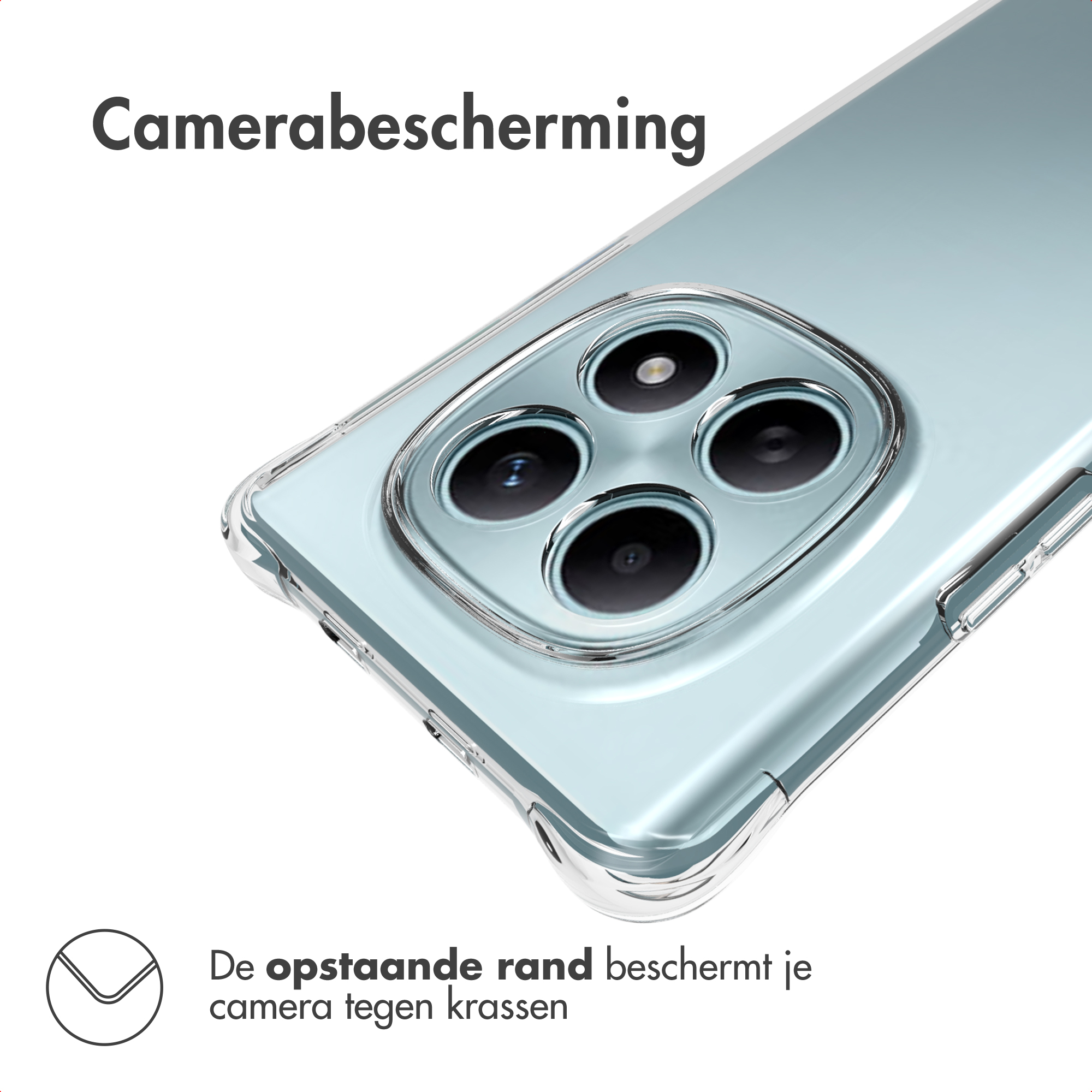 Coque de téléphone transparente. Le bord surélevé protège la caméra des rayures. Le téléphone a trois objectifs.