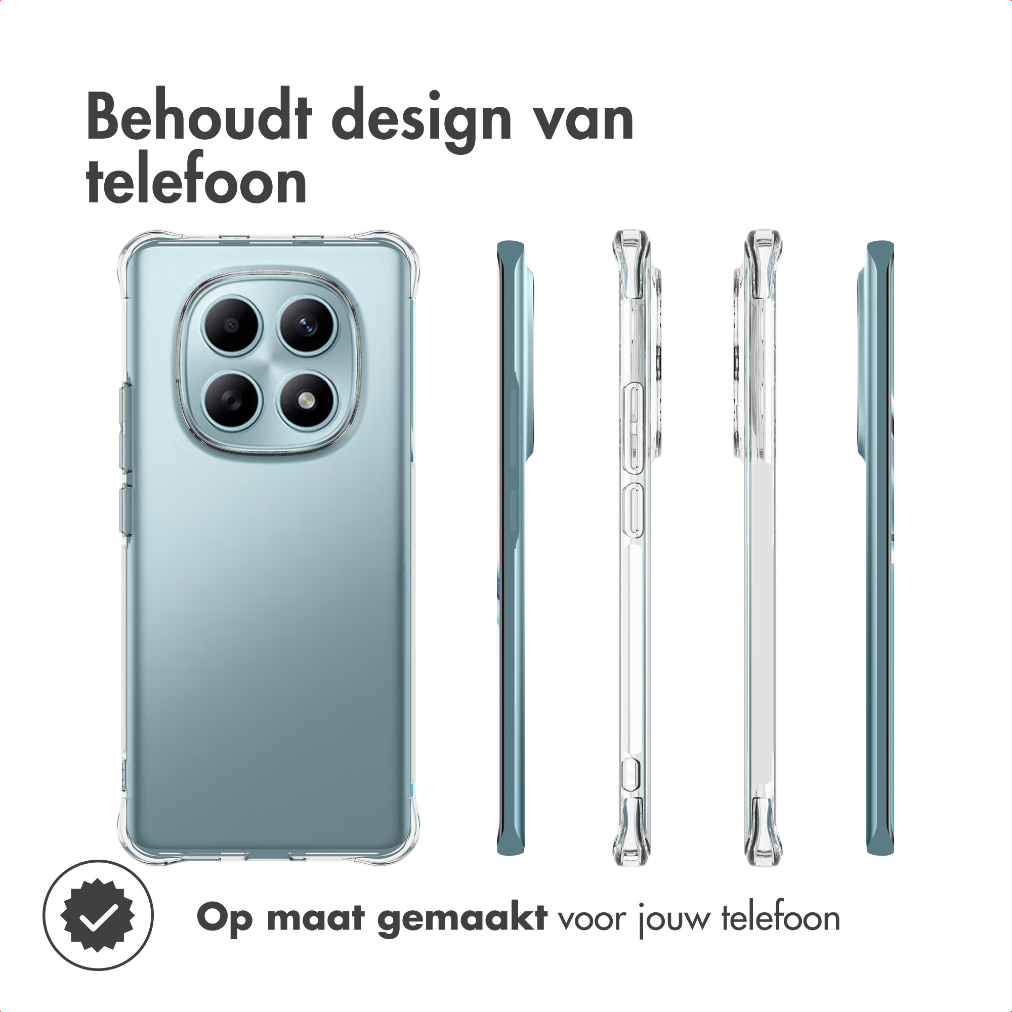 L'image montre une coque de téléphone. La coque est transparente. Le téléphone est bleu clair. Le texte dit 'Conserve le design du téléphone'.