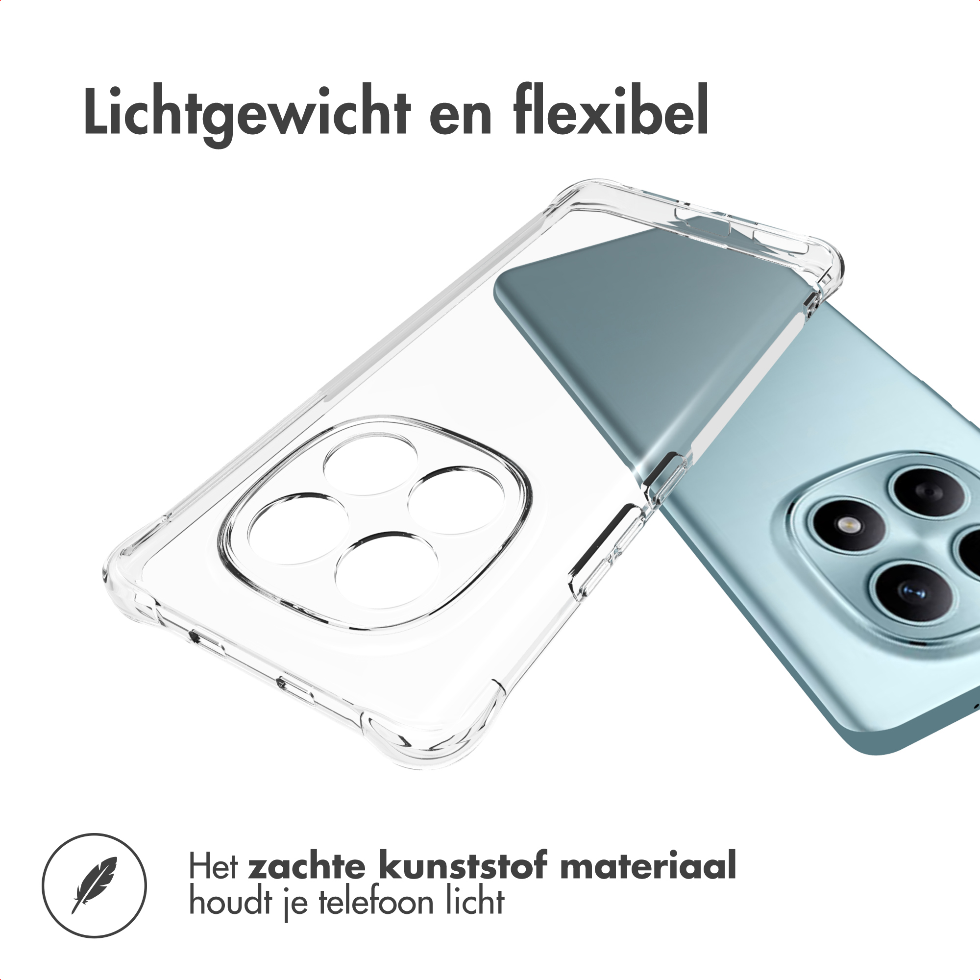 Un étui transparent pour téléphone est présenté avec un téléphone à l'intérieur. Le texte ci-dessus dit 'Léger et flexible'.