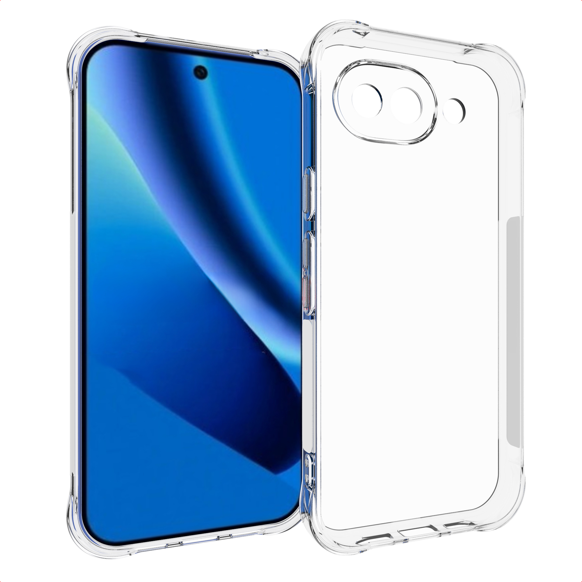 Un telefono in una custodia trasparente. Il telefono ha uno schermo blu. La custodia è trasparente e copre il telefono.