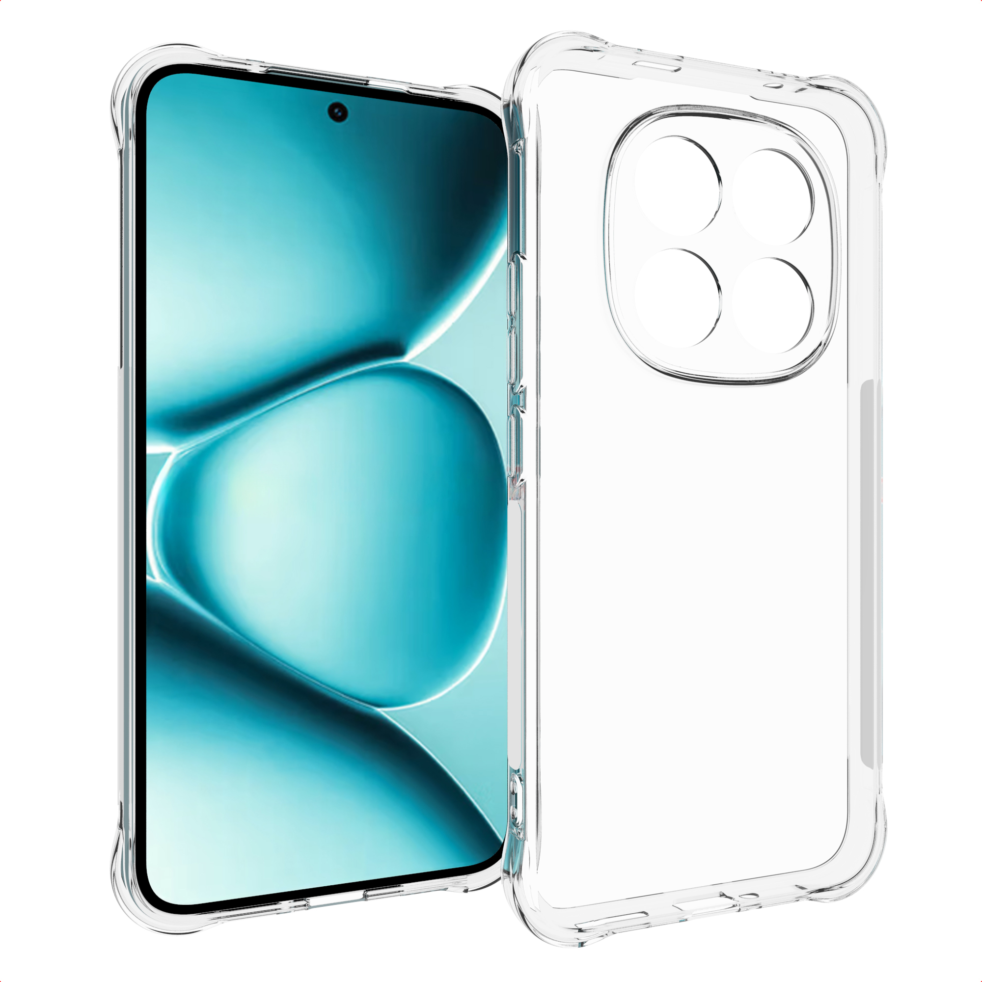Een doorzichtige telefoonhoes naast een smartphone met een turquoise scherm, beide tegen een witte achtergrond.