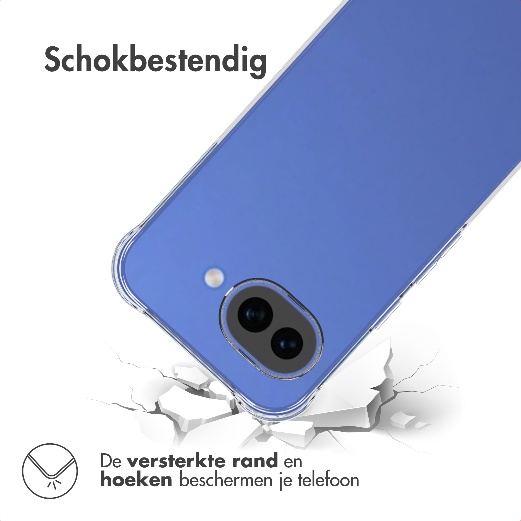 Una custodia per telefono è posizionata su una superficie incrinata. La custodia è blu e lo sfondo è bianco.