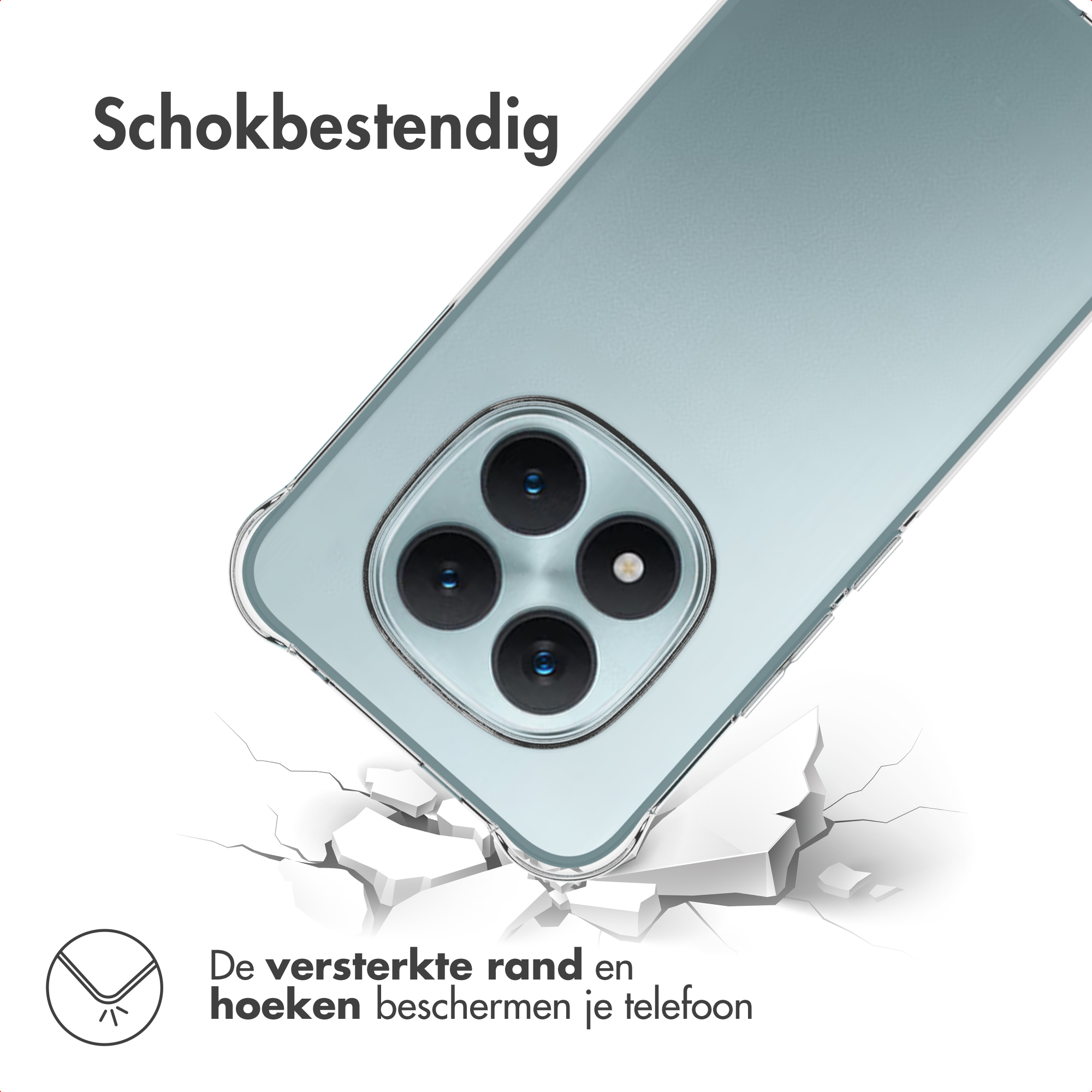 Telefoon in een transparante hoes. Tekst 'schokbestendig'. Telefoon valt op gebarsten grond, bescherming.