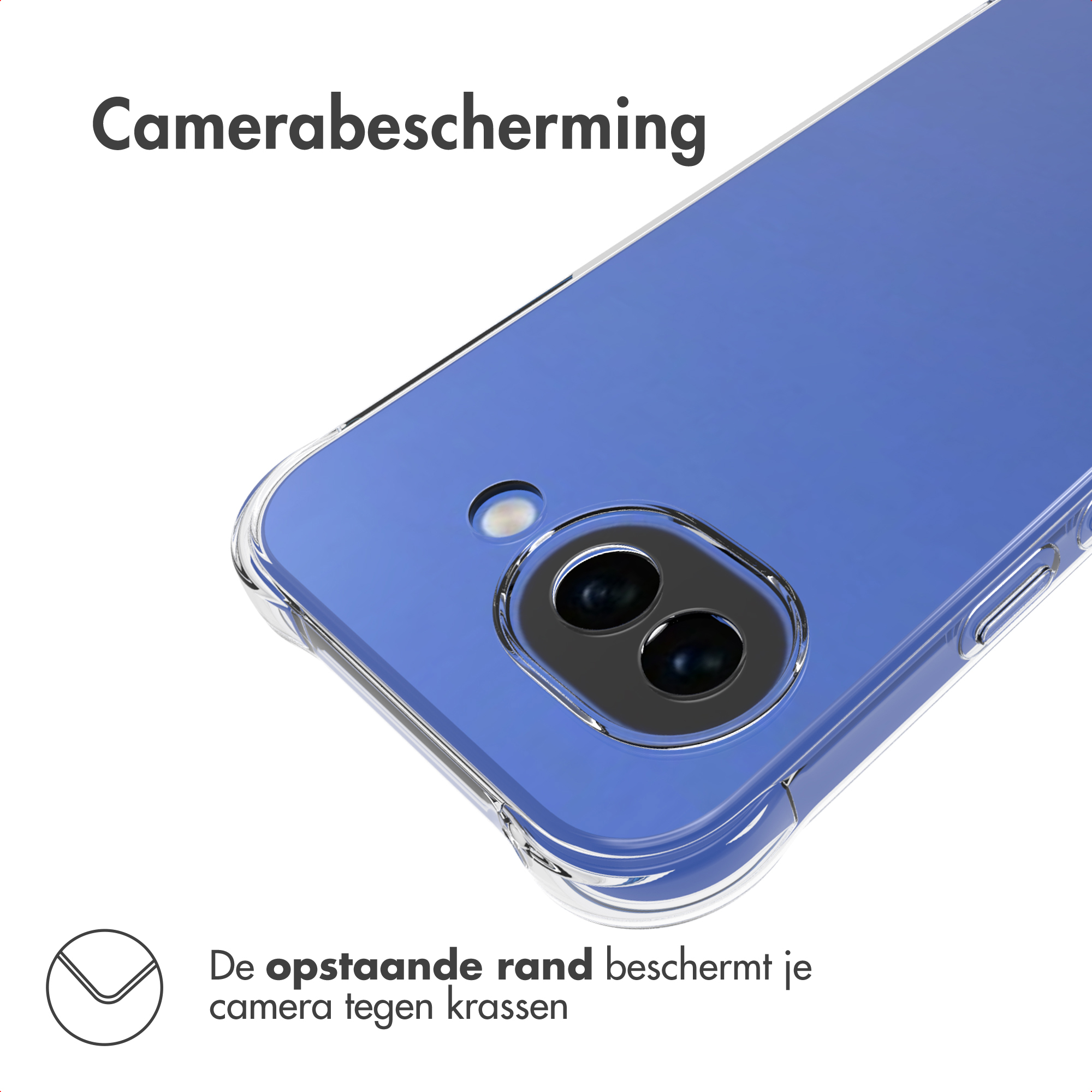 Custodia trasparente su telefono blu. Testo: Protezione fotocamera. Il bordo rialzato protegge la fotocamera dai graffi.