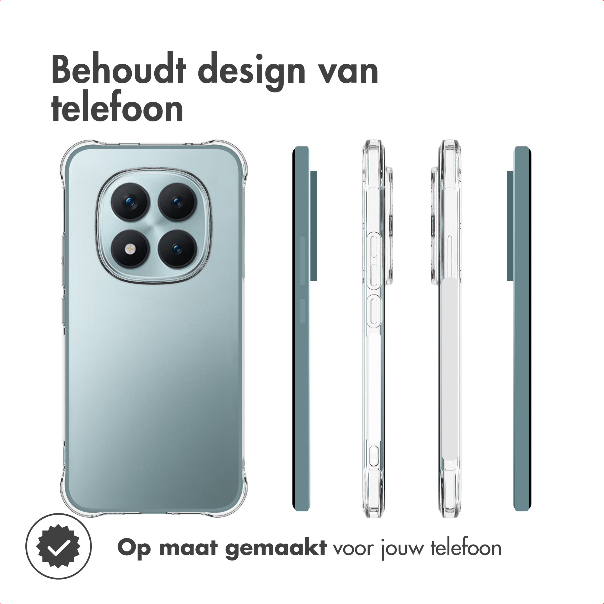 Een telefoonhoesje wordt getoond met een telefoon erin en zijaanzichten. De tekst zegt dat het het telefoonontwerp behoudt en op maat gemaakt is.