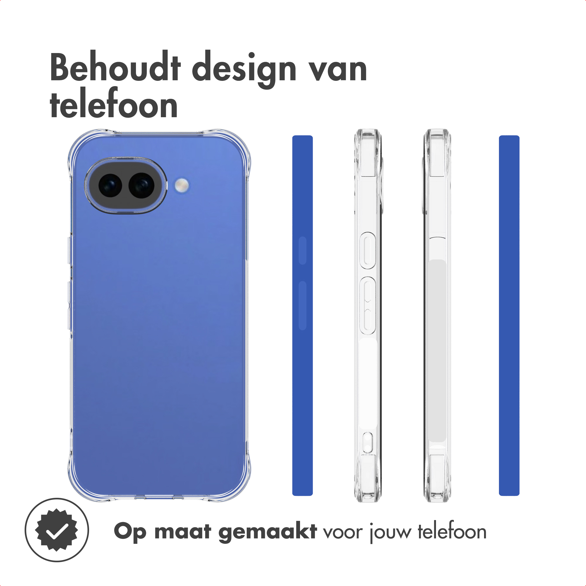 Una custodia per telefono e le sue diverse visualizzazioni vengono visualizzate. Il testo dice: Mantiene il design del telefono. Realizzato su misura per il tuo telefono.