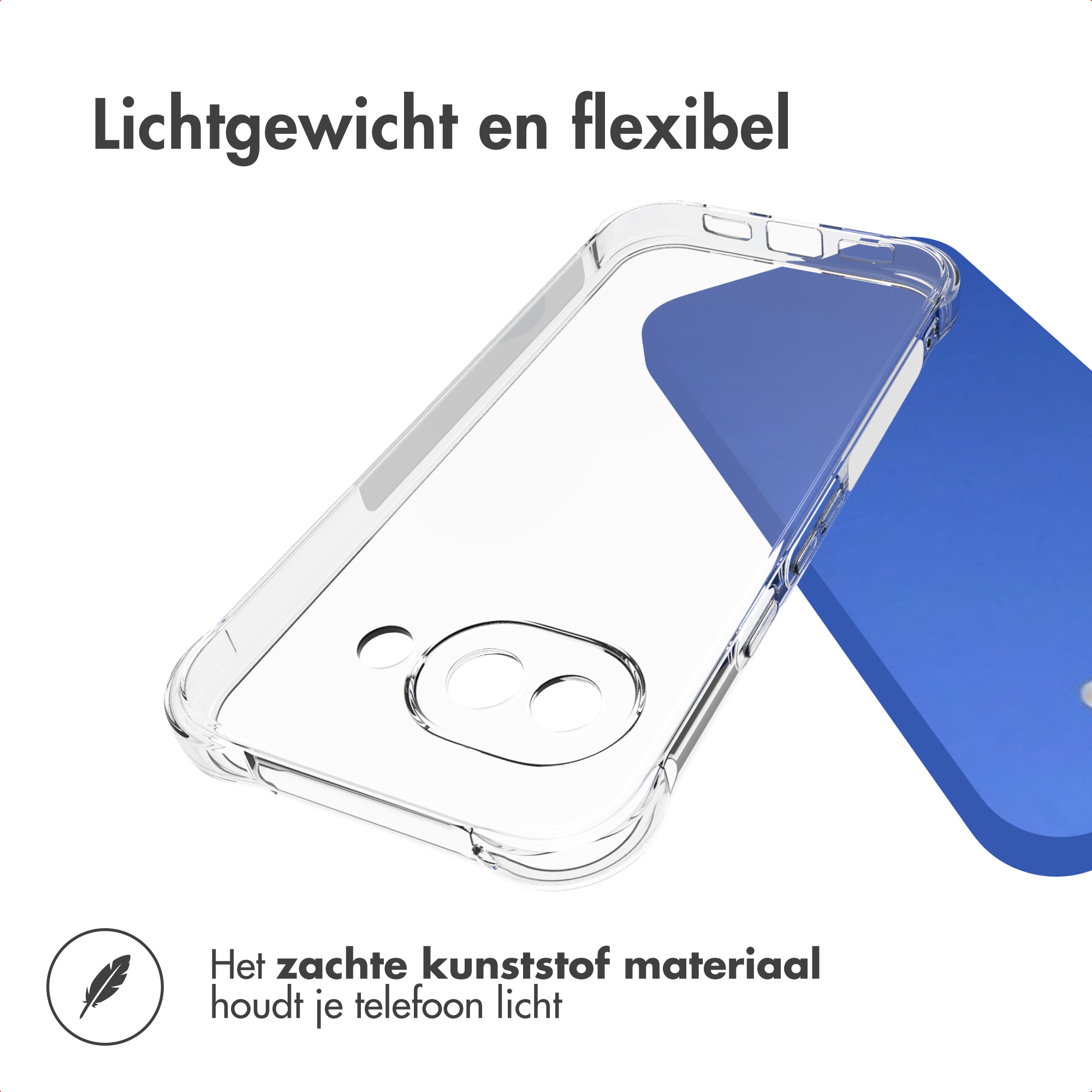 Custodia trasparente per telefono su sfondo blu. Il testo dice 'Leggero e flessibile'. La plastica morbida mantiene il telefono leggero.
