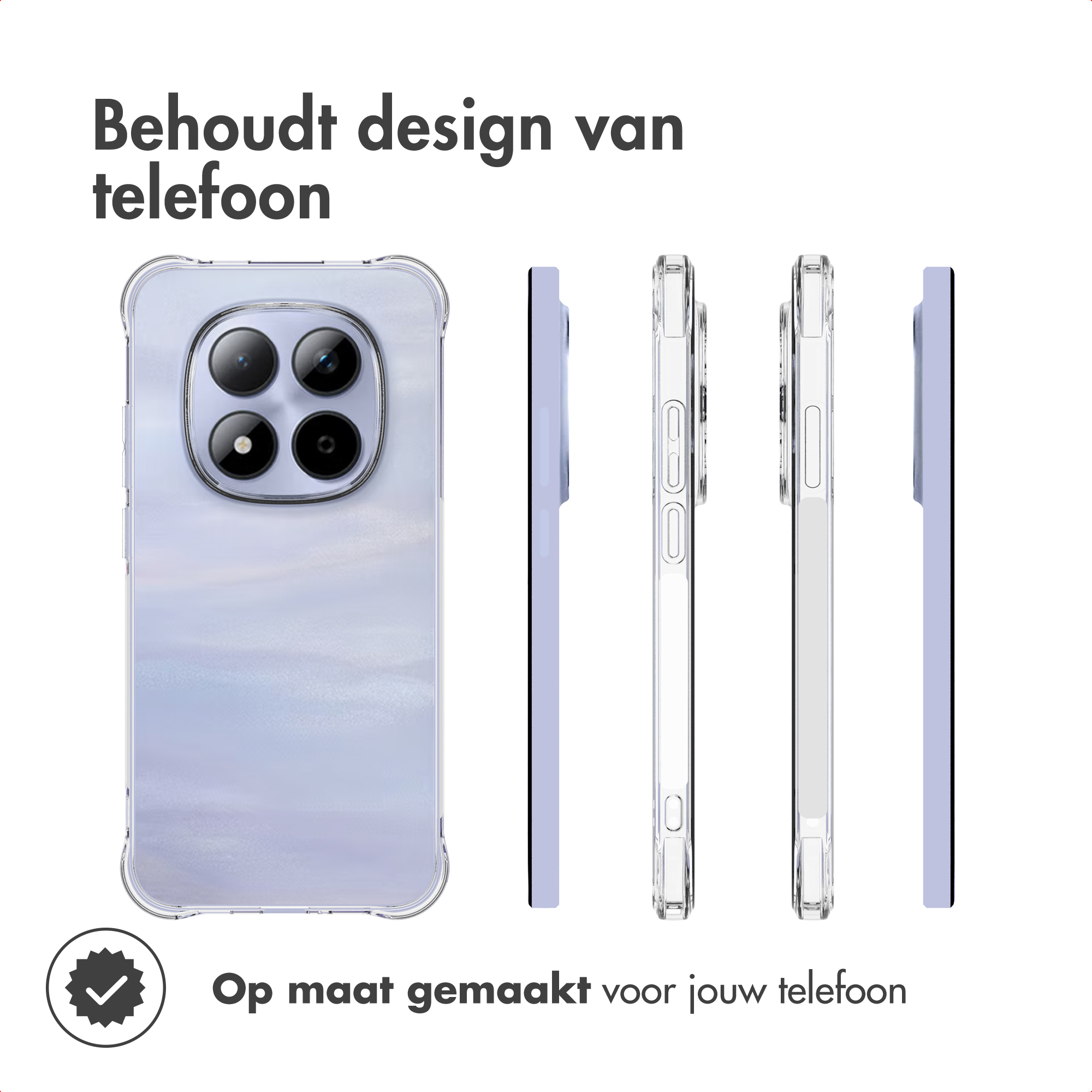 Custodia per telefono, trasparente e viola. Vengono mostrate diverse viste della custodia. Testo: 'Mantiene il design del telefono'. Fatta su misura.