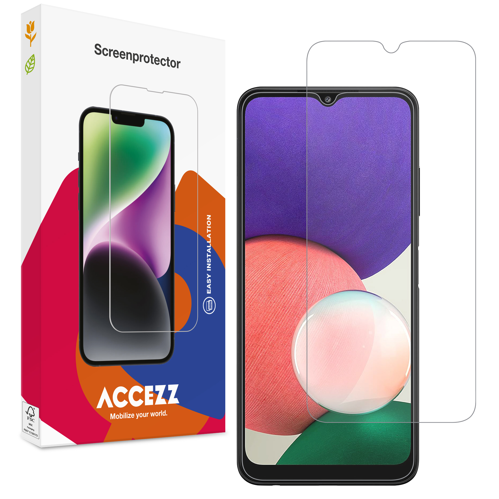 Een schermbeschermer en een telefoon worden weergegeven. De telefoon heeft een paarse en roze achtergrond.